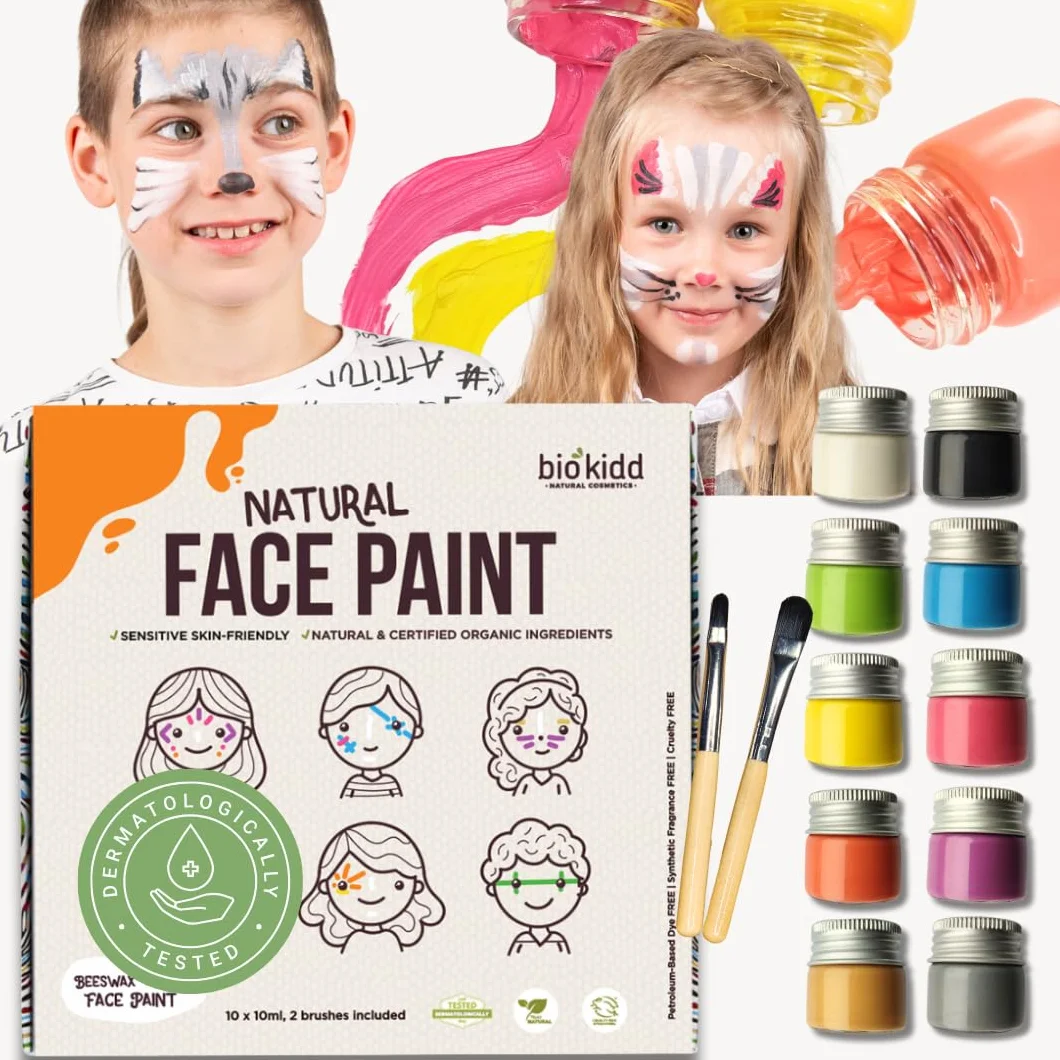 Palette de Maquillage de Fête Liquide, Bio, Non-Toxique, Lavable - pour Peaux Sensibles - Kit de Peinture Faciale Royal Party Face Paint - Cadeau pour Carnaval, Anniversaire, Noël - 10x10ml