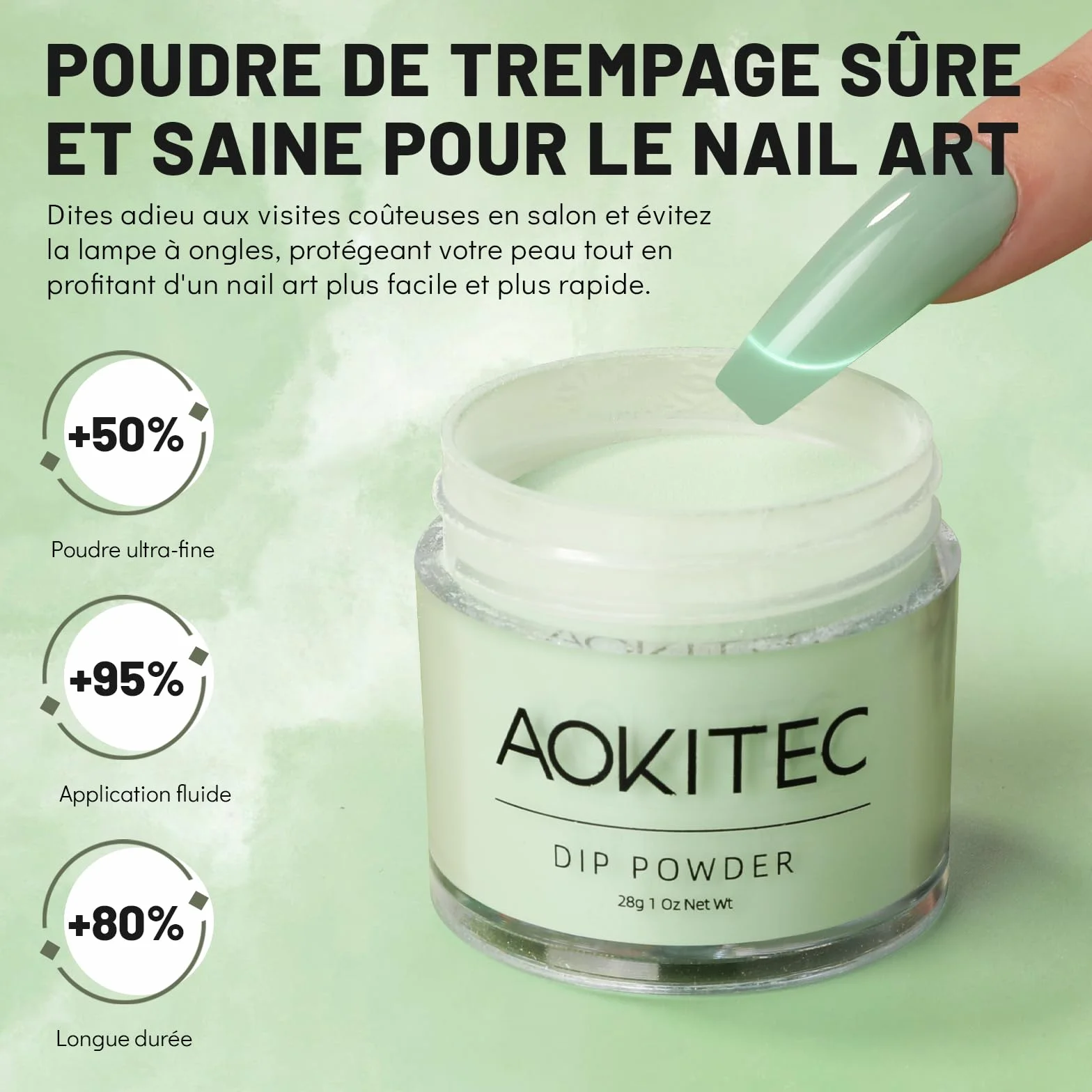 Aokitec Dip Powder 28g Vert Pastel, Poudre à Tremper Acrylique Nail Art Français Longue Durée