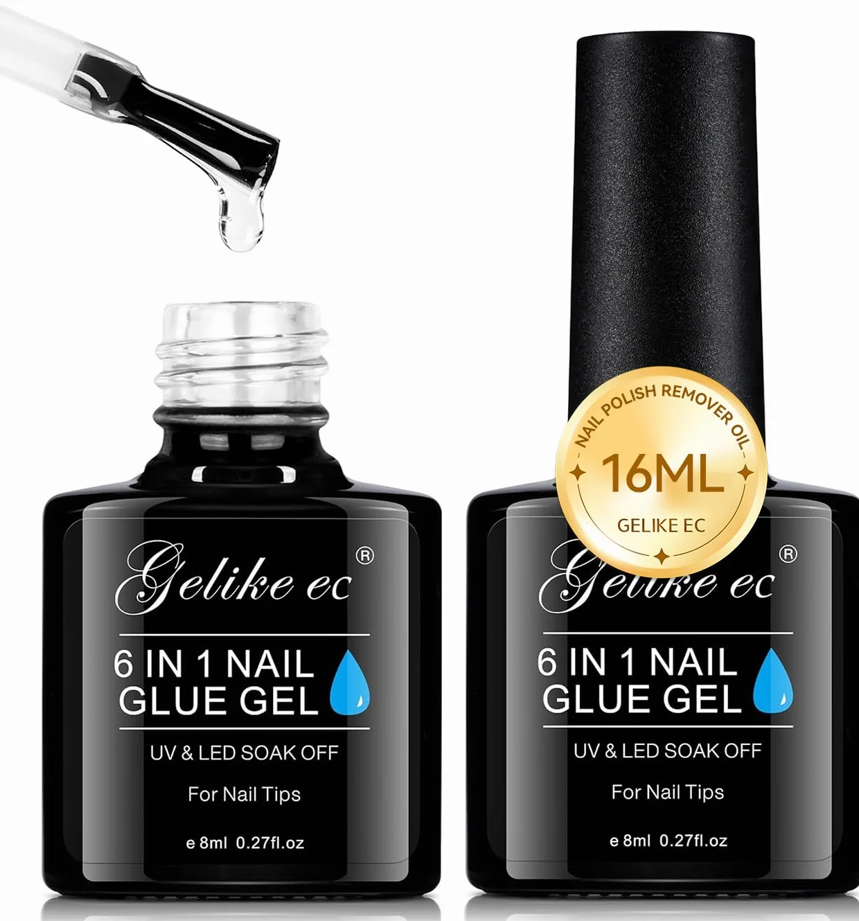 Gelike ec Colle Faux Ongles Gel 6 en 1 UV Colle Capsule Americaine Ongle Extra Forte Gummy Base Pose Americaine Nail Glue 2PCS 16ml