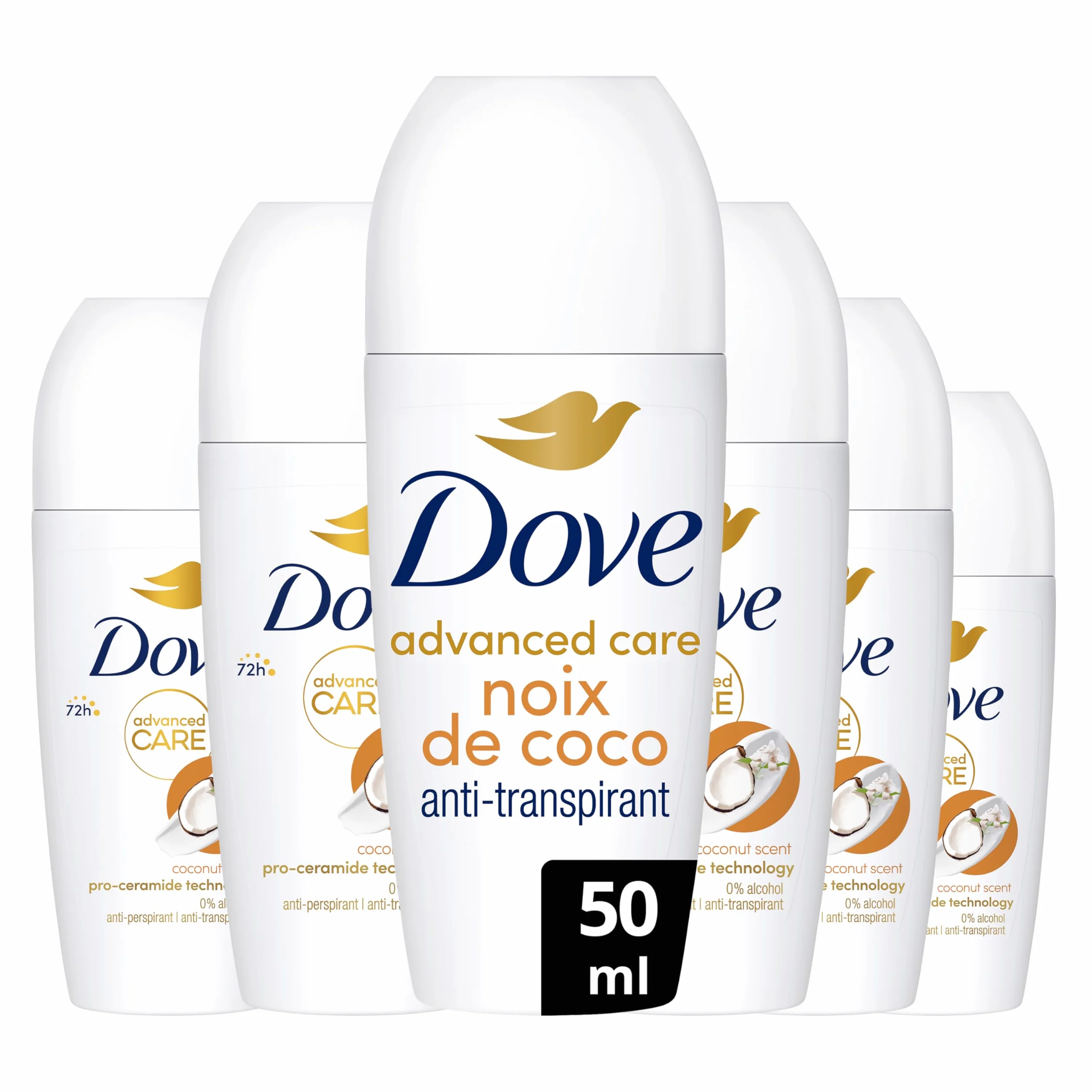 DOVE Déodorant Bille Anti-Transpirant Advanced Care - Noix de Coco - Soin quotidien des aisselles - 72h de protection contre la transpiration - lot de 6x50ml