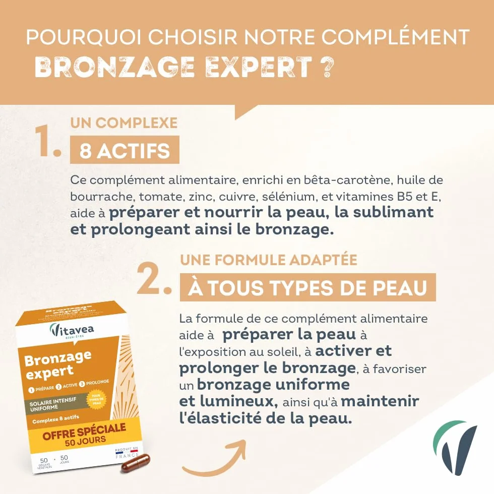 Vitavea Bronzage Expert Prolongateur de Bronzage après Soleil Complément Alimentaire Huile de Bourrache Bêta-Carotène Zinc Vitamine E Cuivre