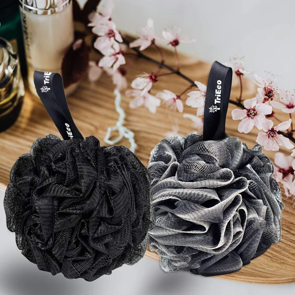 Éponge Fleur de Bain exfoliante pour Douche Hommes Femmes Noir Lot de 2