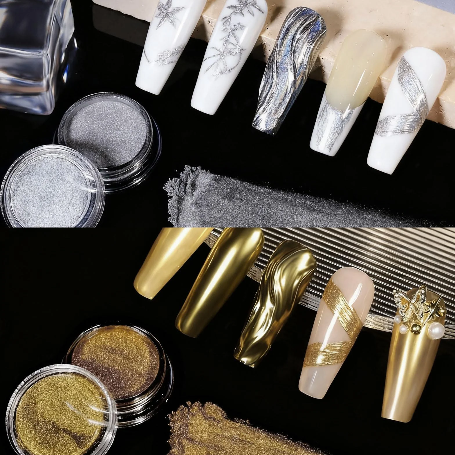 Kit de Poudre à Ongles Chrome Or VelvetGlow avec Breloques et Pierres Précieuses