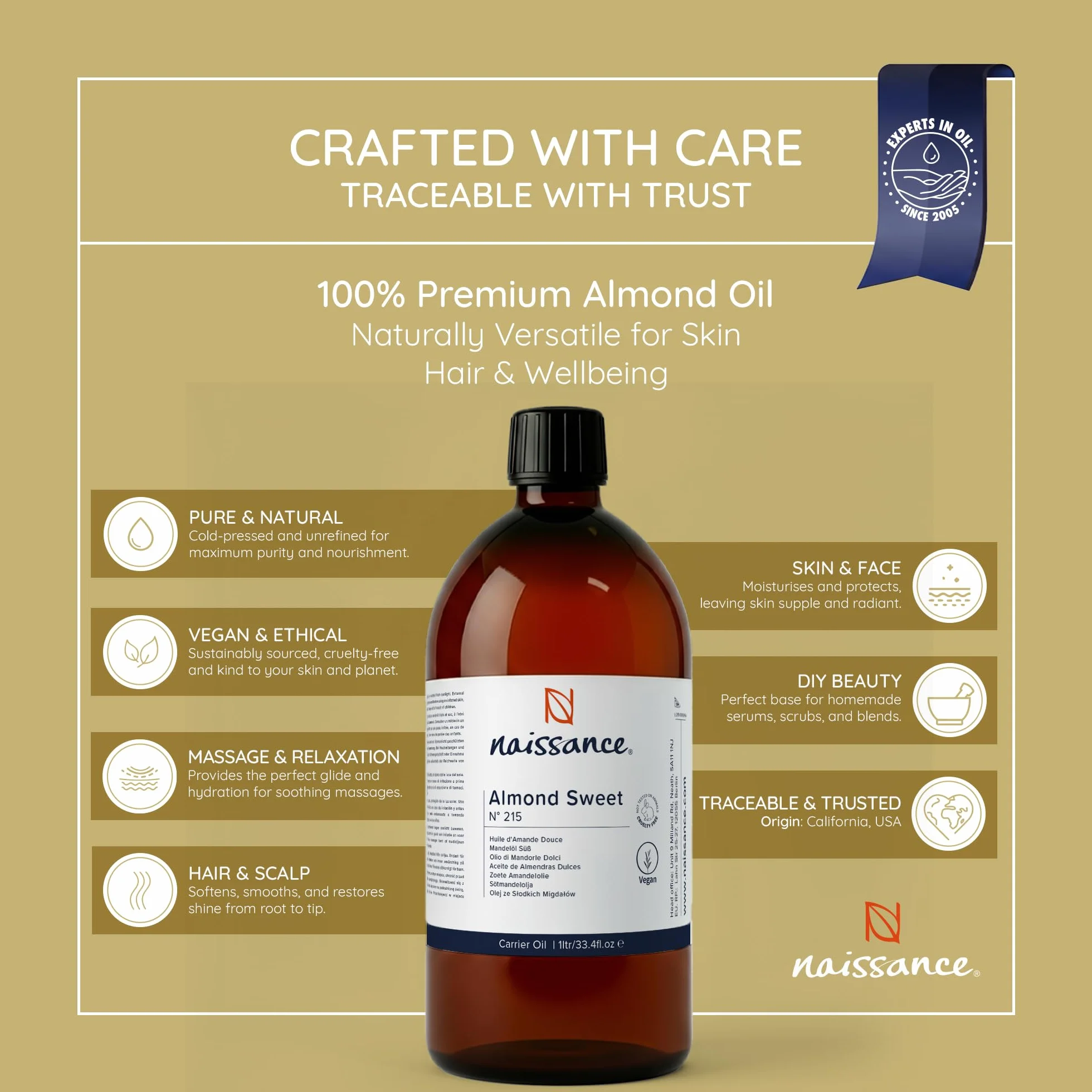 Naissance Huile D'Amande Douce 1L Hydratant Naturelle Végan Sans OGM Lubrifiant Massage Corps Visage Cheveux
