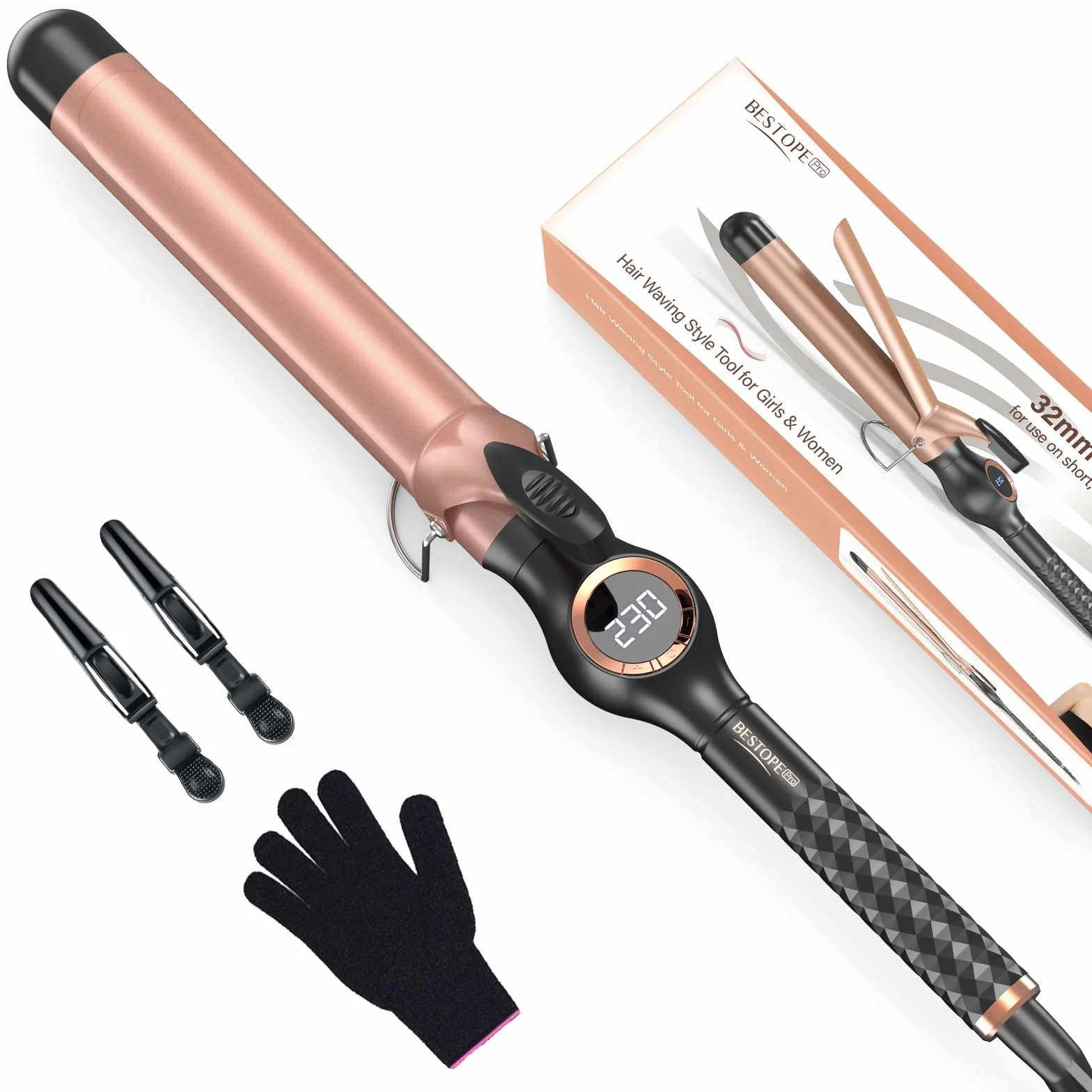 BESTOPE PRO Boucleur a Cheveux 32mm, Fer a Boucler pour Boucles Larges, Multi-Températures Sélectionnables, Boucleur Prolongé, Fer à Boucler à Chauffage Rapide avec Grand Écran LCD
