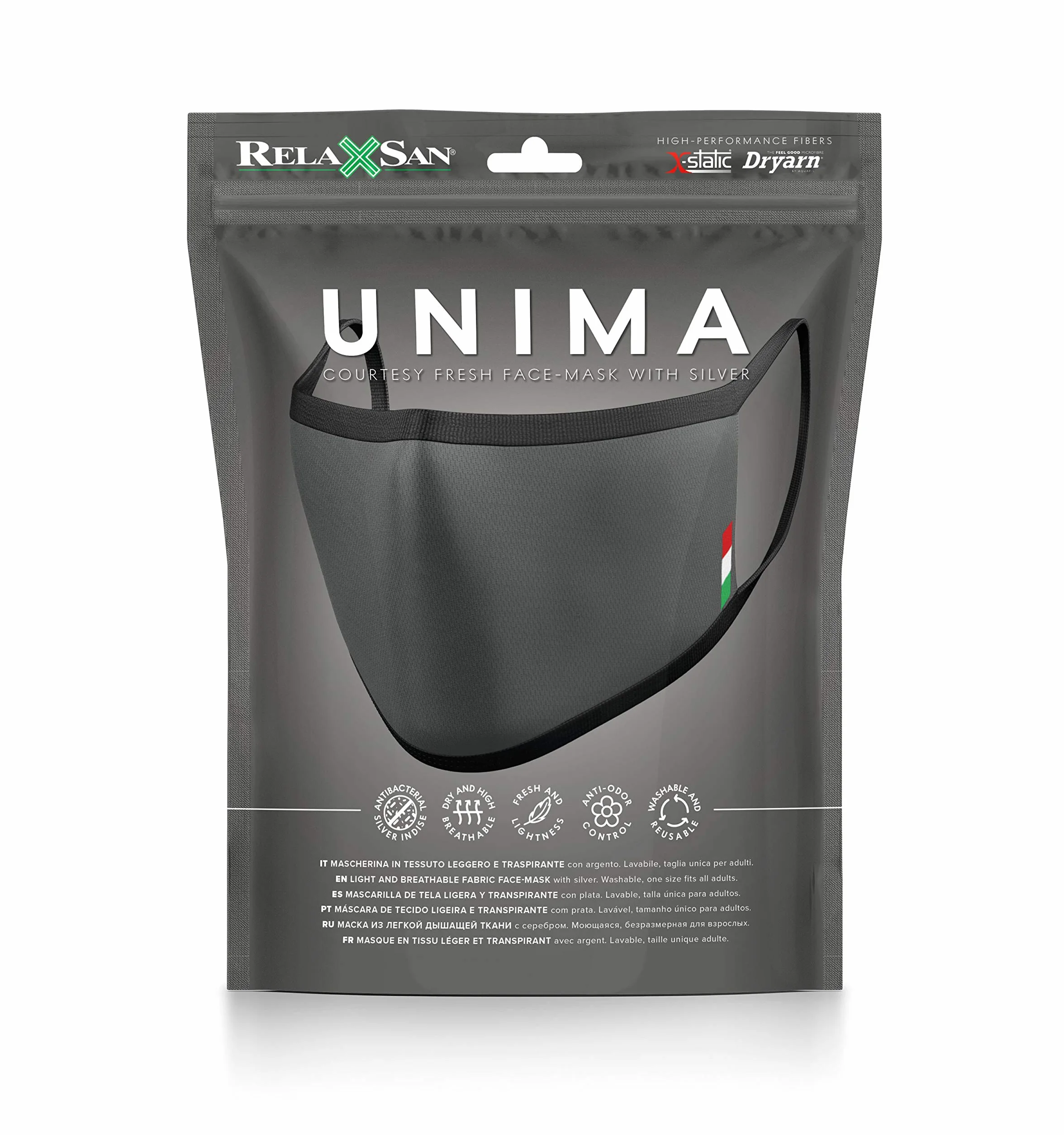 Relaxsan UNIMA Bande bouche nez Gris Foncé Dryarn argent X-Static lavable réutilisable