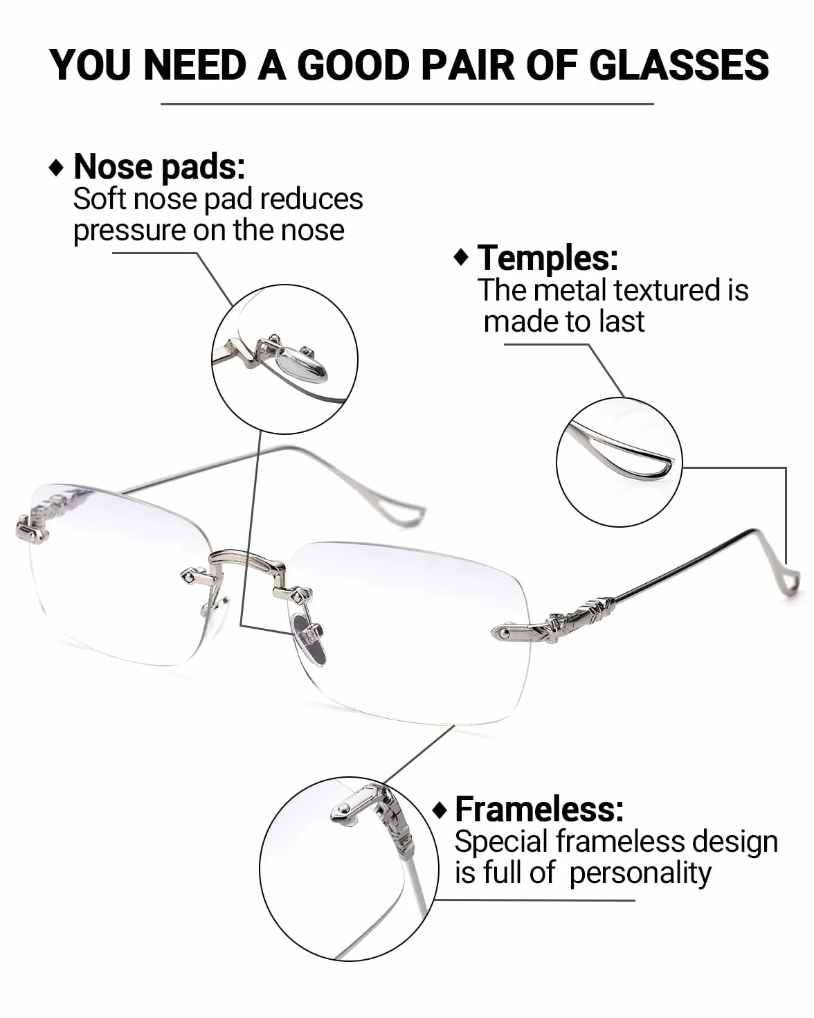 TERAISE lunettes de lecture en métal sans cadre blocage lumière bleue ordinateur confortable