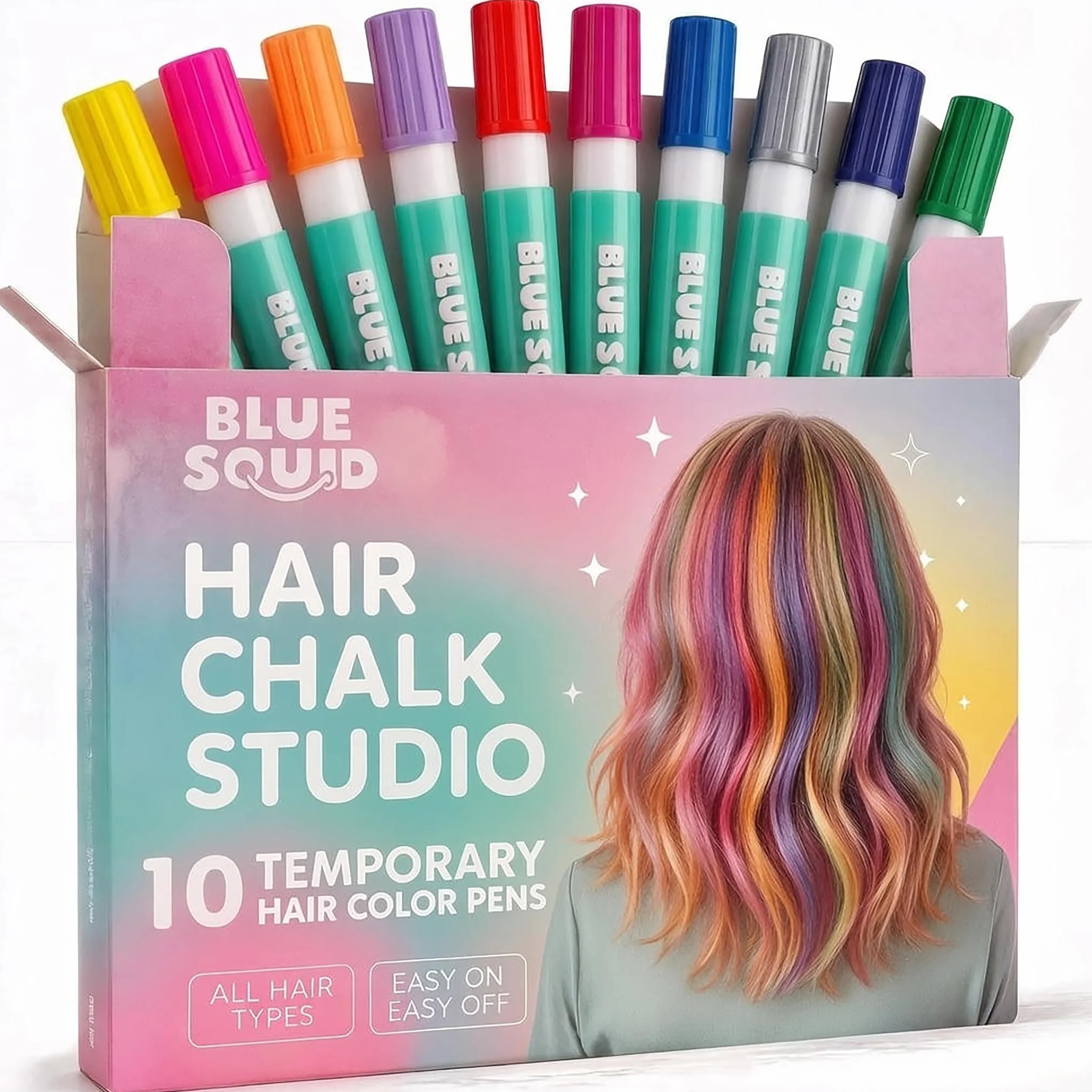 Blue Squid Craie à cheveux pour filles – 10 couleurs temporaires vives – Teinture lavable pour enfants 6-12