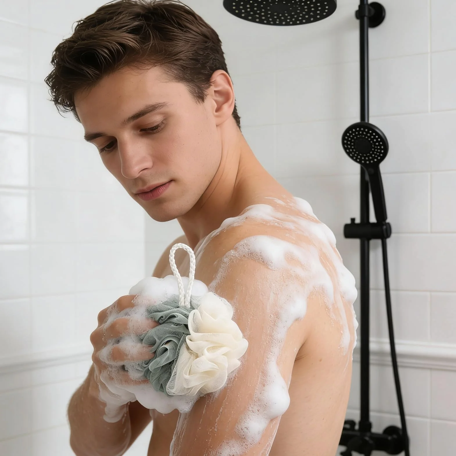 Lot de 4 éponges de douche exfoliantes en maille bicolores, loofah mesh sponge