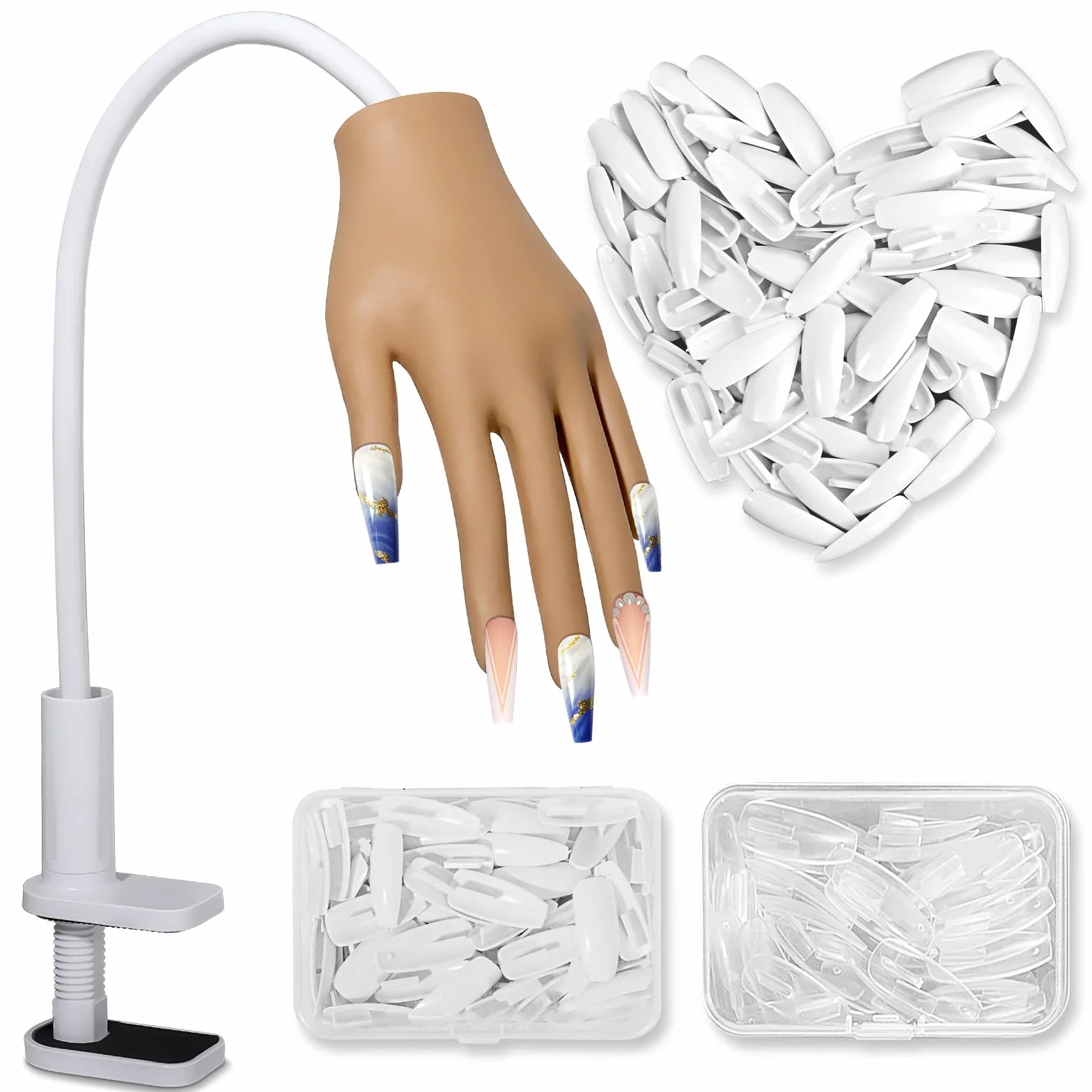 Yokilly Main d Entrainement Pour Ongle,Silicone Main D'entrainement Manucure Avec 200 Faux Ongles,Professionnels Flexible Réglables Modèle Main Femelle Pour Ongle (Mains Le Brun)