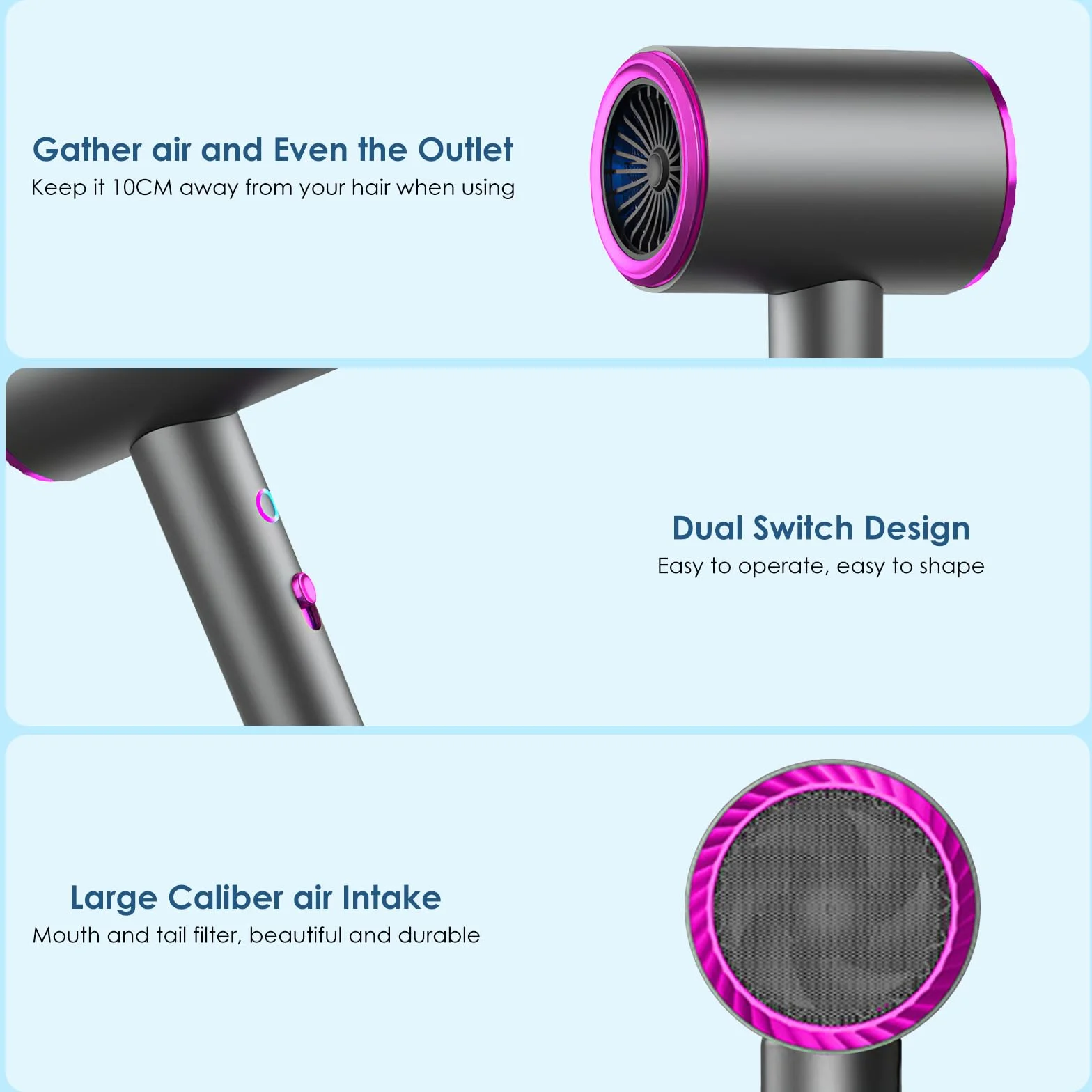 Sèche-Cheveux Professionnel IONIQUE 2400W, Moteur AC Silencieux, Séchage Rapide, 3 Températures, avec Diffuseur & Concentrateur, Léger pour Voyage, Anti-Frisottis pour Cheveux Bouclés/Fins/Épais