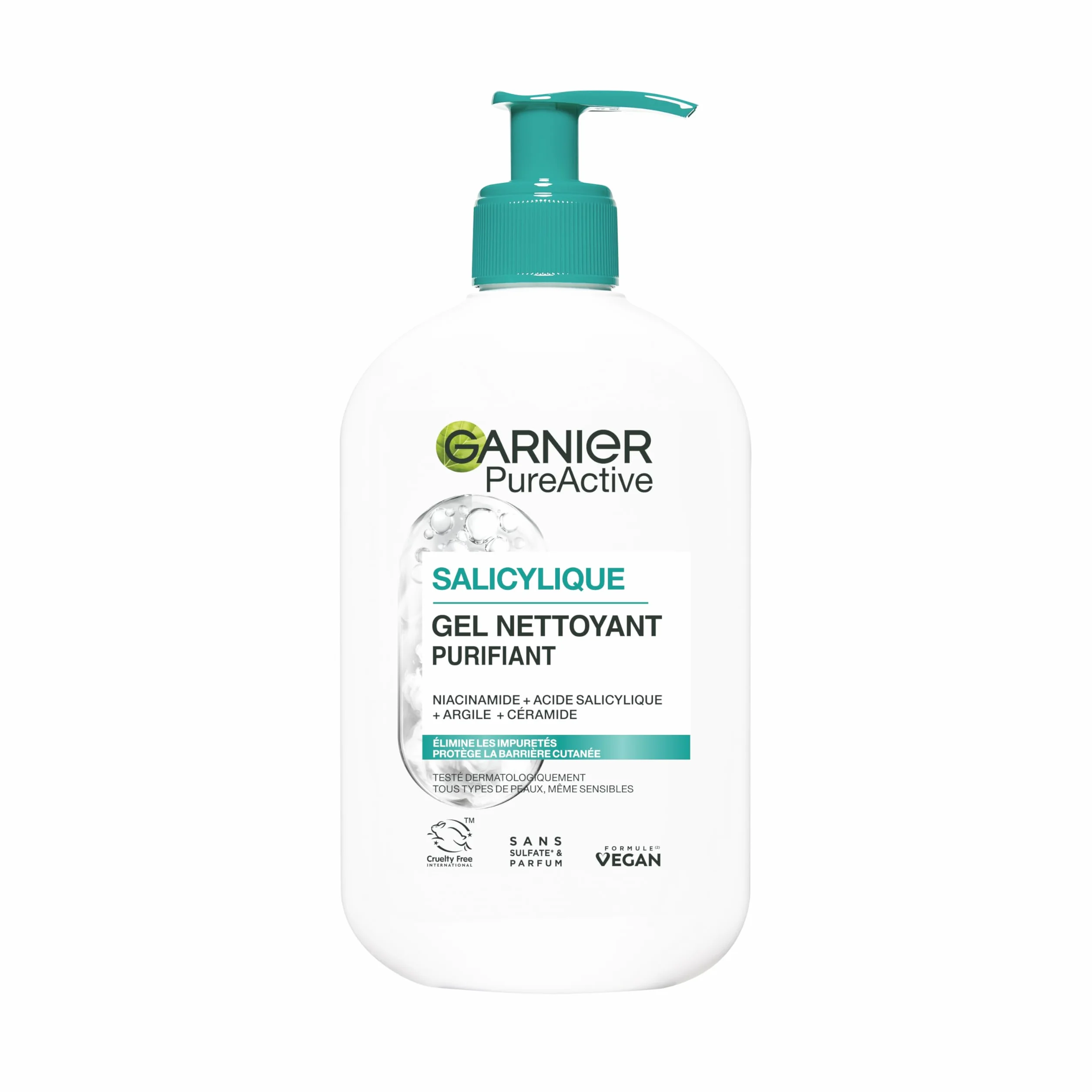 Garnier Pure Active Gel Nettoyant Moussant 250 ml Purifie Hydrate Élimine Impuretés Acide Hyaluronique Céramide Argile Vegan