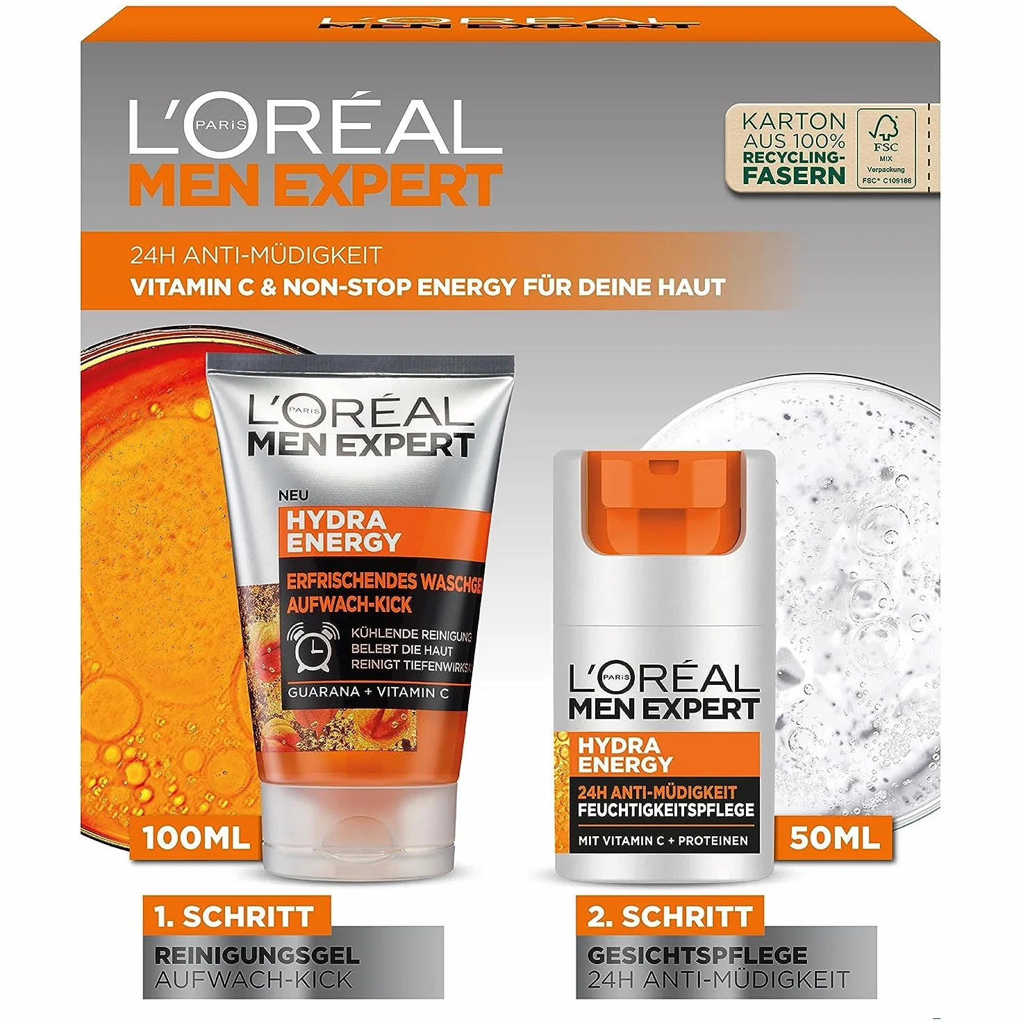 L'Oréal Men Expert Kit de soin anti-fatigue 24H gel nettoyant crème vitamine C Hydra Energy 100 ml 50 ml