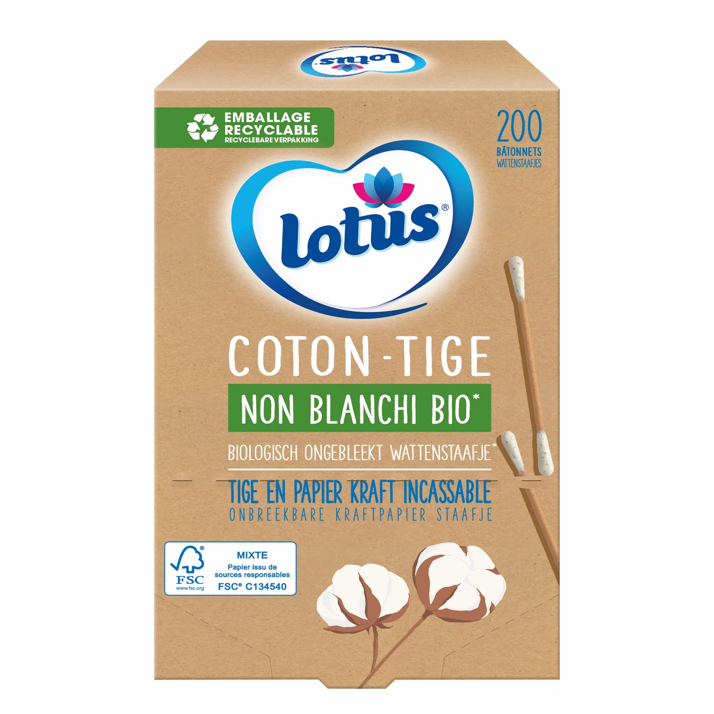 Lotus Cotons-Tiges En Papier Et Coton Non-Blanchi Bio Boîte 200 Bâtonnets