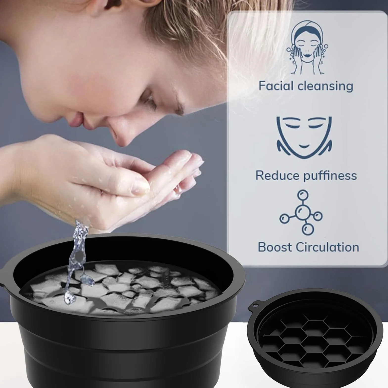 Bassin de Lavage Pliable en Silicone Bol Glacé avec Bac à Glaçons Intégré pour Visage