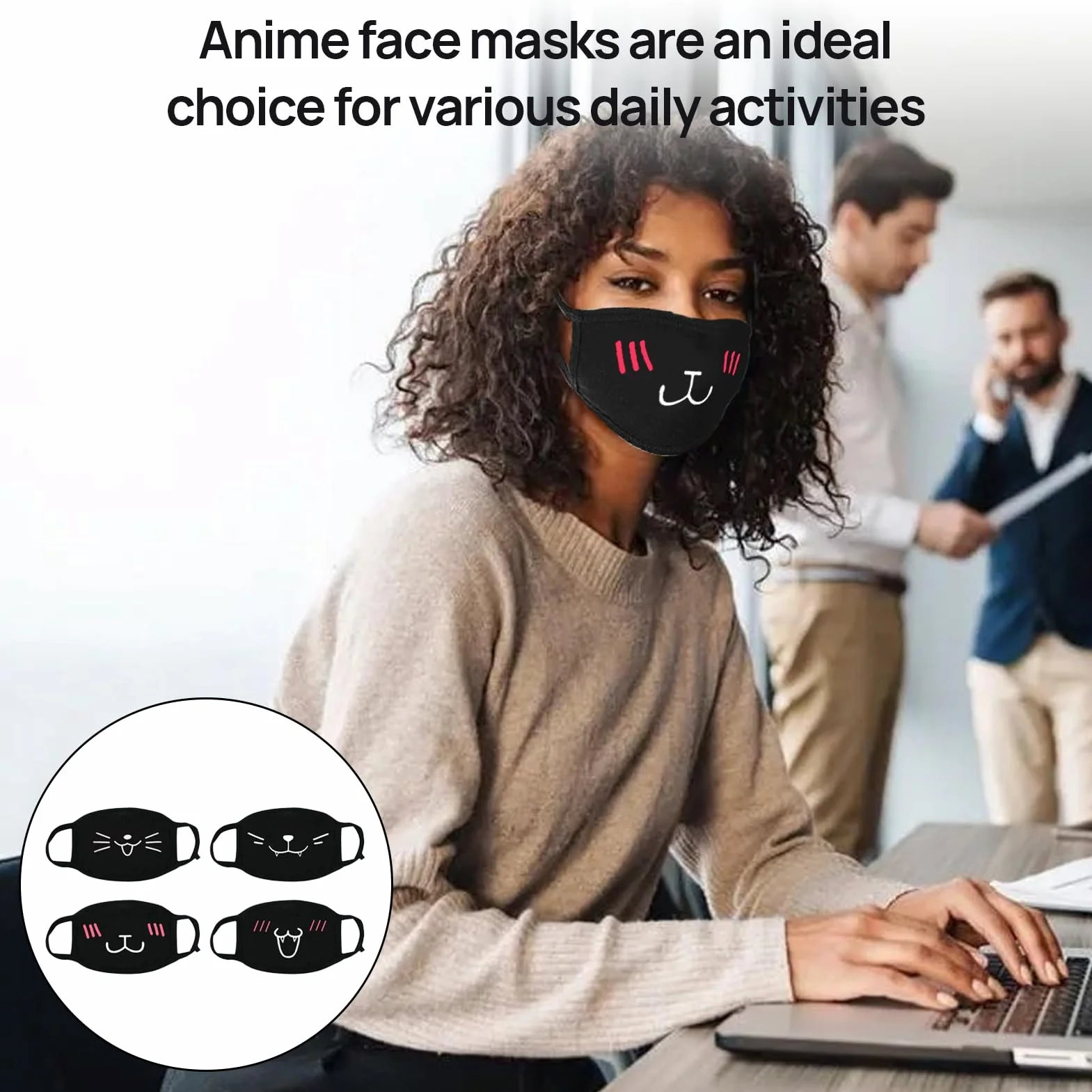 Lot De 4 Masques Faciaux Femboy Noirs Avec Motifs De Dessins Animés Anti Poussière En Coton