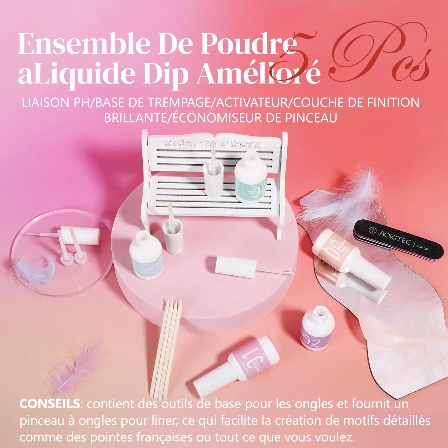 Aokitec Lot de 13 Poudres de Trempage Liquides – Kit d'Outils pour Ongles avec Adhésif, Activateur, Base, Couche de Finition Brillante