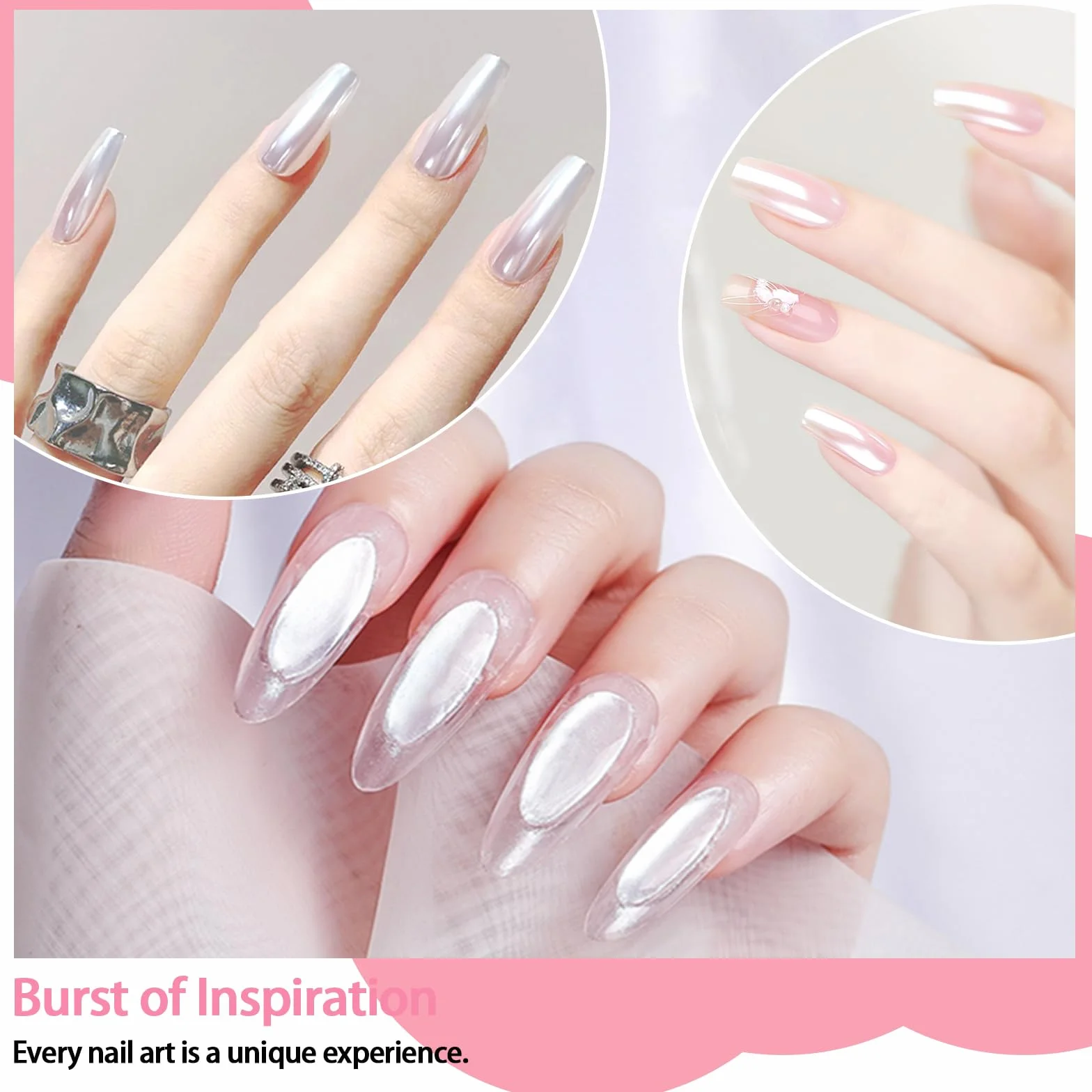 Allstarry Chromée Poudre à Ongles Nacrée Blanche, Poudre Irisée Aurore Effet Miroir Métallique, Poudre Transparente Sirène pour Vernis Gel