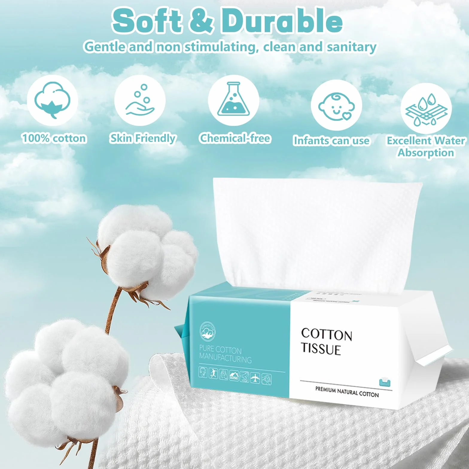 Serviettes Jetables Visage 100 Pièces Coton Doux Biodégradables Démaquillant Nettoyage