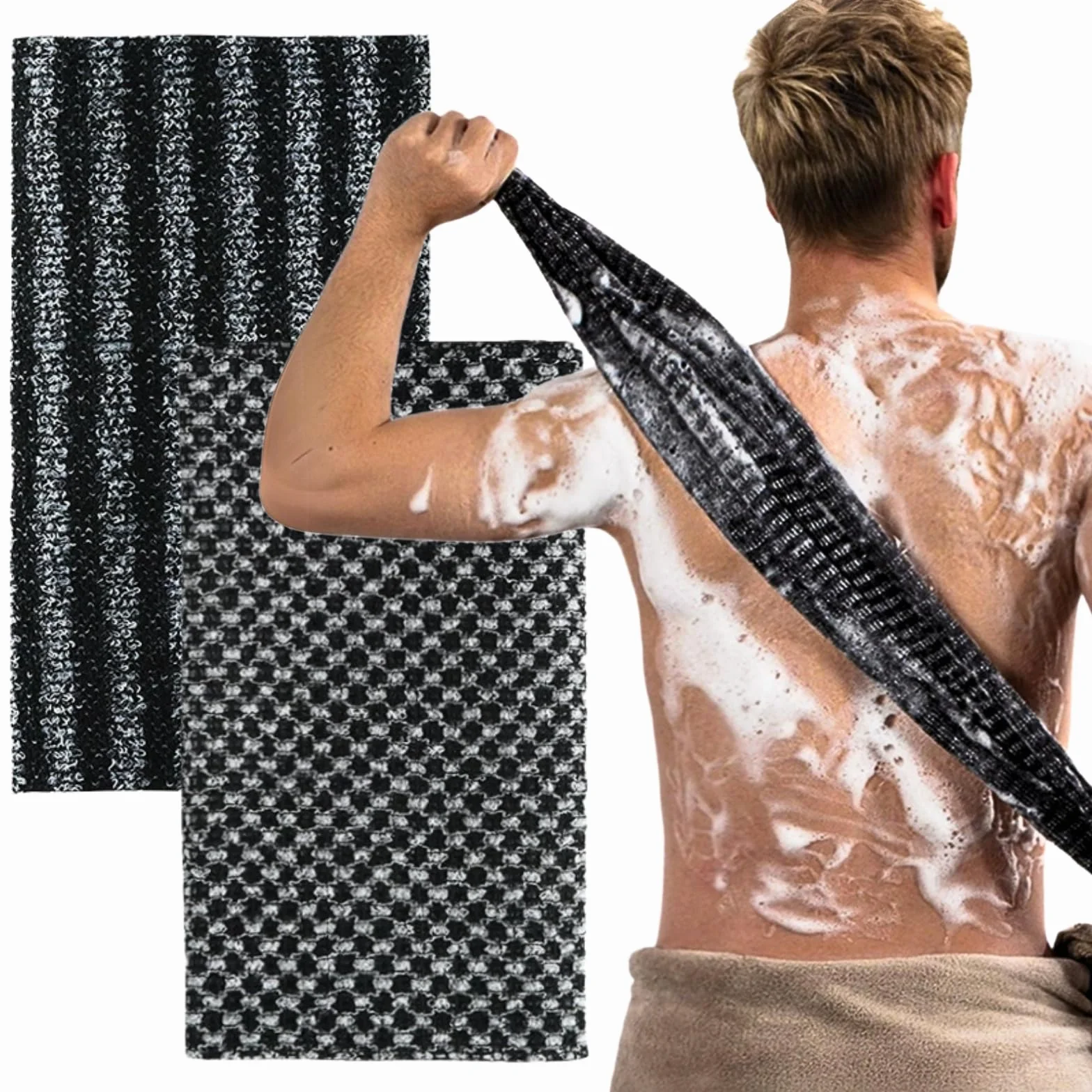 KEYRI Lot de 2 Serviettes de Douche Exfoliantes pour Nettoyage en Profondeur - Serviettes de Bain Durables pour Bain, Sauna, Spa, Noir