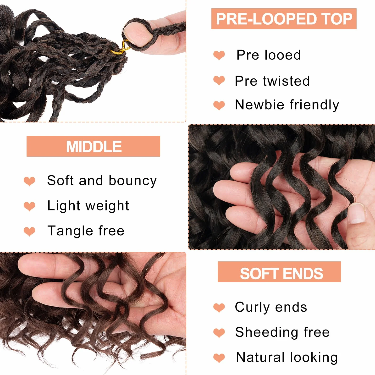 Gogo Curl Lot de 8 paquets de cheveux synthétiques pré-bouclés et ondulés au crochet pour femme Brun ombré 45,7 cm