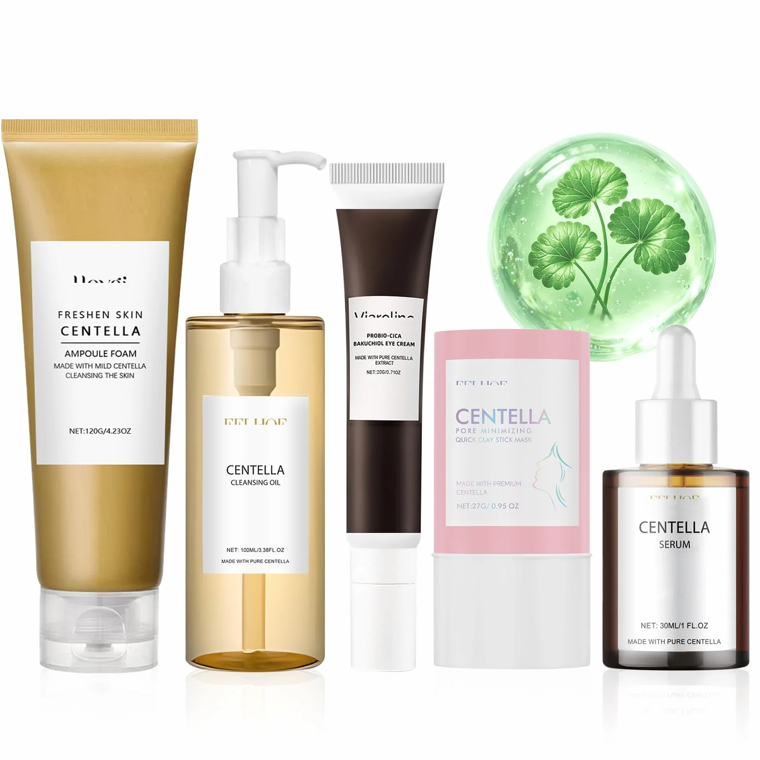 5Pcs Centella Skincare Kit,Centella Cleansing Oil+Centella Nettoyant Visage | Centella Serum + Centella Stick Mask + Creme Yeux, Nettoie, Nourrit et Hydrate la Peau,Combat Efficacement les Rides