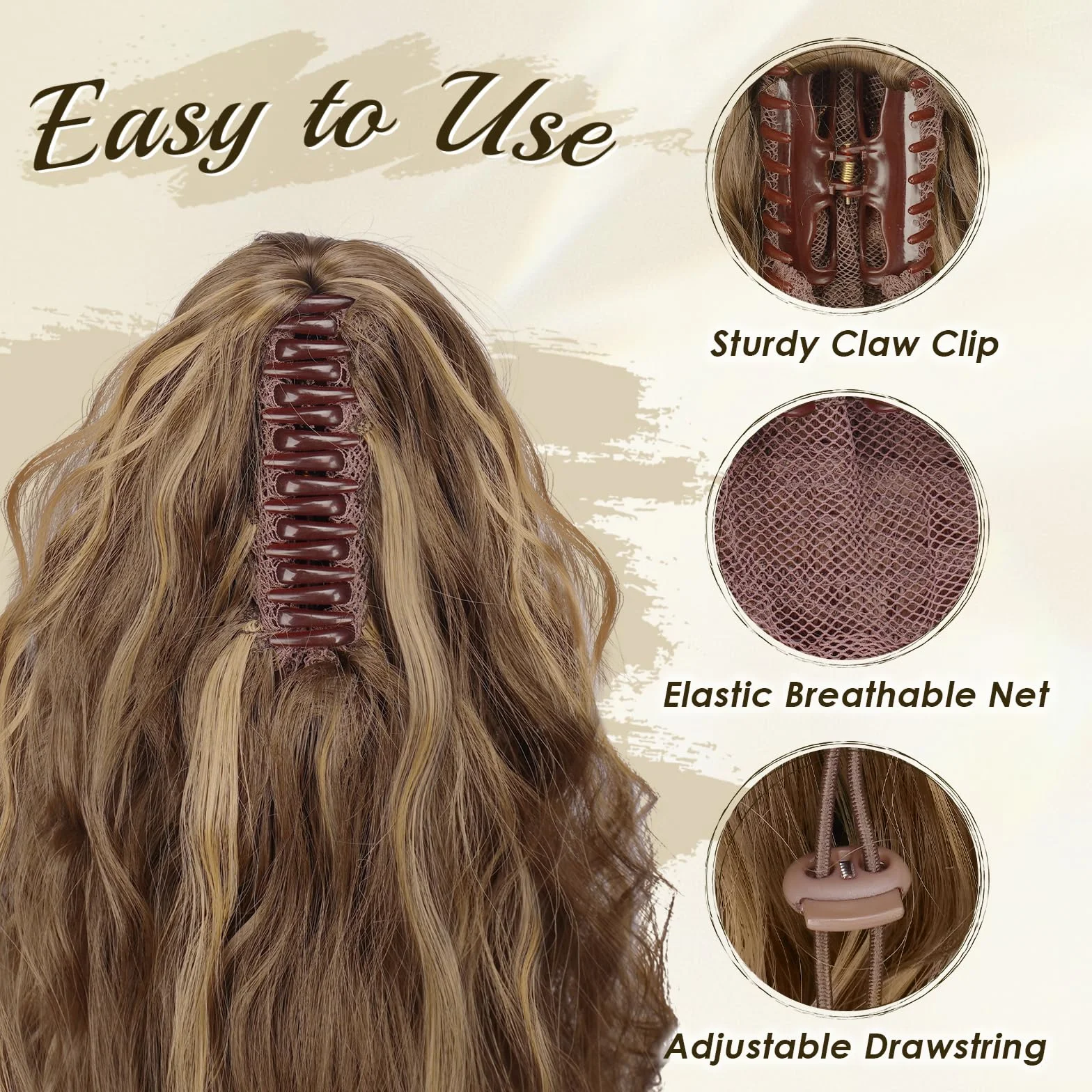 FESHFEN Ponytail Cheveux Naturel Pince Ponytails Extensions Longue Bouclée Ondulée Postiche Queue de Cheval Extension Blond Miel Mélangé Brun Clair Synthétique Rajout Cheveux pour Femmes 75 cm
