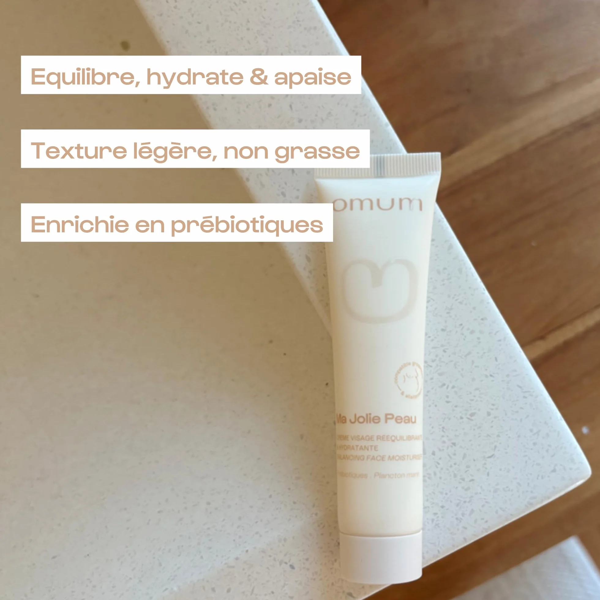 OMUM - Ma Jolie Peau - Crème visage rééquilibrante & hydratante aux prébiotiques naturels - Peaux mixtes et peaux fragilisées - Anti rougeur et anti bouton - Compatible grossesse - Vegan - 40 ml