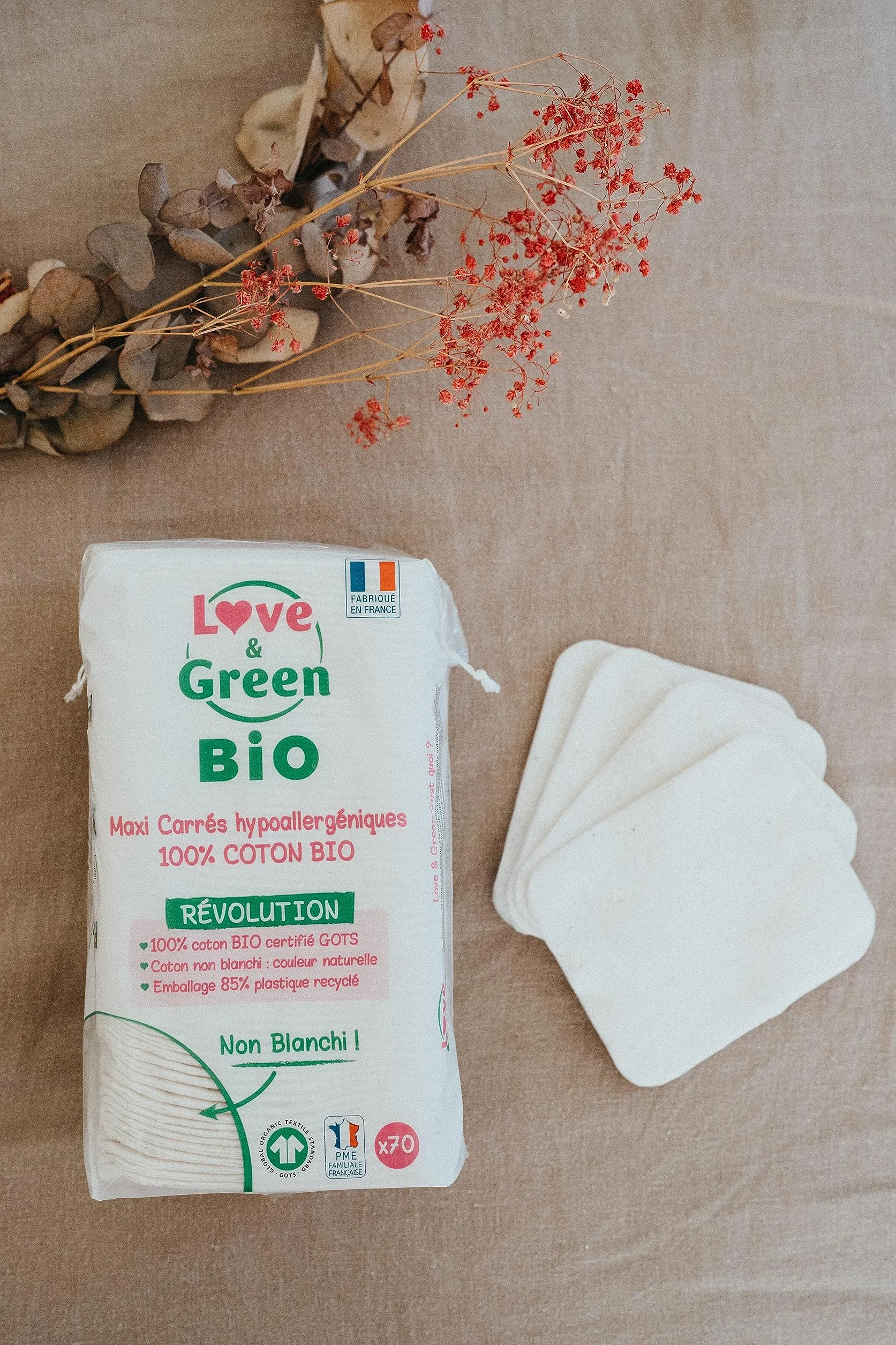 Love & Green Cotons Maxi Carrés Hypoallergéniques x70 Change et Toilette Bébé 100% Bio Fabriqués en France