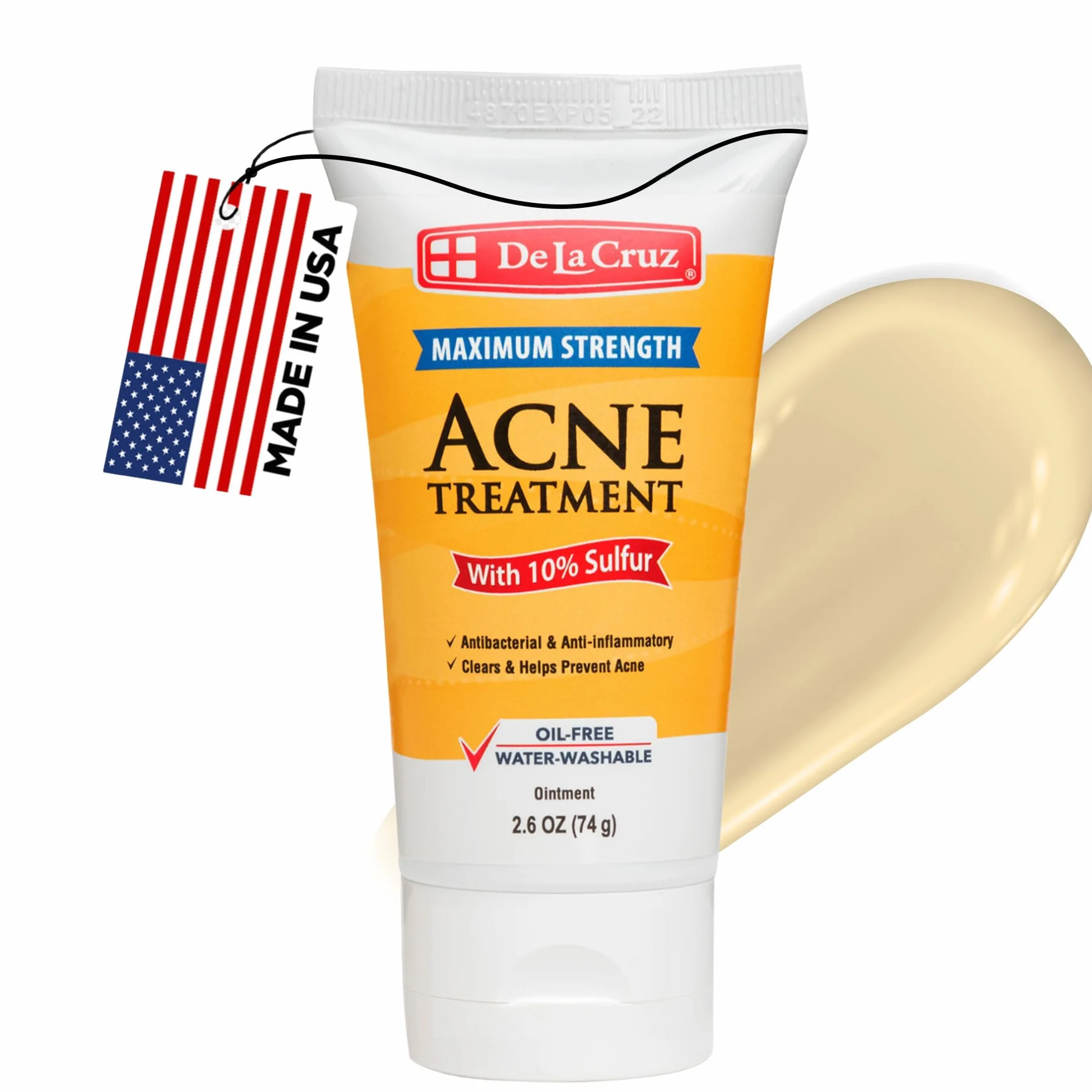 De La Cruz Traitement à l'acné 10 % sulfure - Médication à l'acné cystique clair et aux points noirs sur le visage et le corps - Fabriqué aux États-Unis - Tube de 2,6 oz
