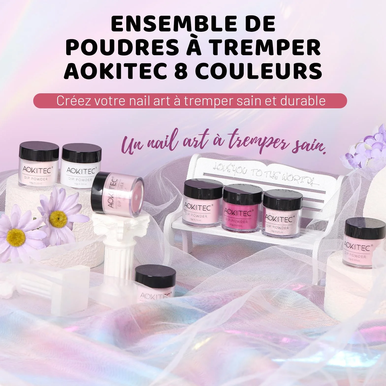 Poudre à tremper Aokitec 8 couleurs série rose pour nail art français, poudre à ongles facile à utiliser sans lampe