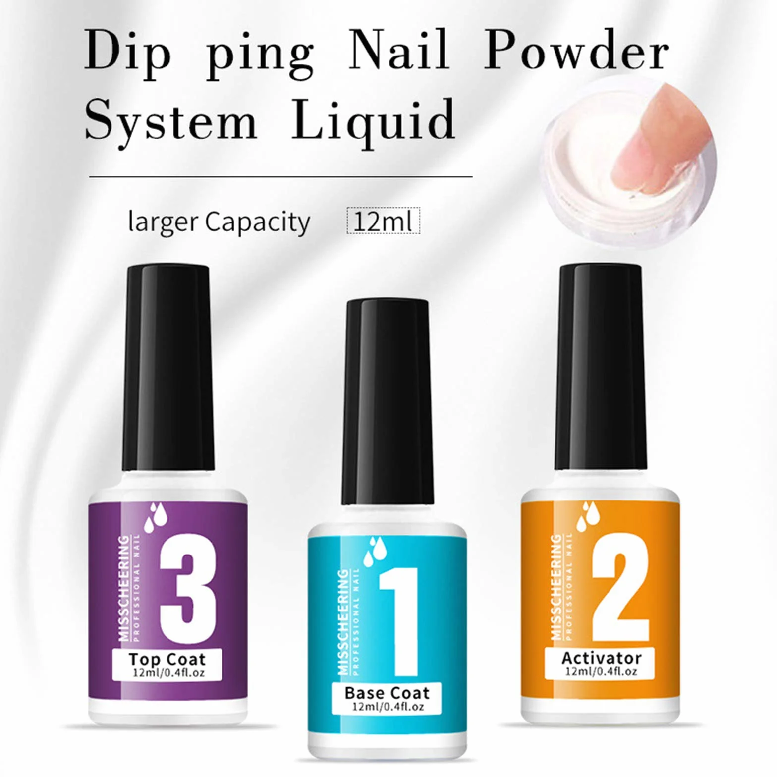 Poudre de trempage liquide pour ongles 3 en 1 avec couche de base, activateur de finition, pas besoin de lampe UV LED
