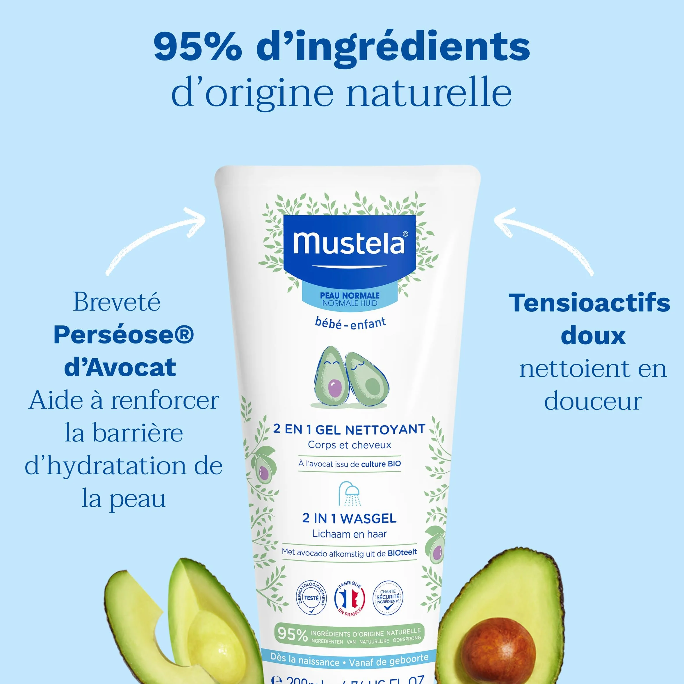 Mustela Gel Nettoyant 2 en 1 Bébé à l'Avocat Bio 200ml Shampoing Corps et Cheveux Sans Piquer les Yeux