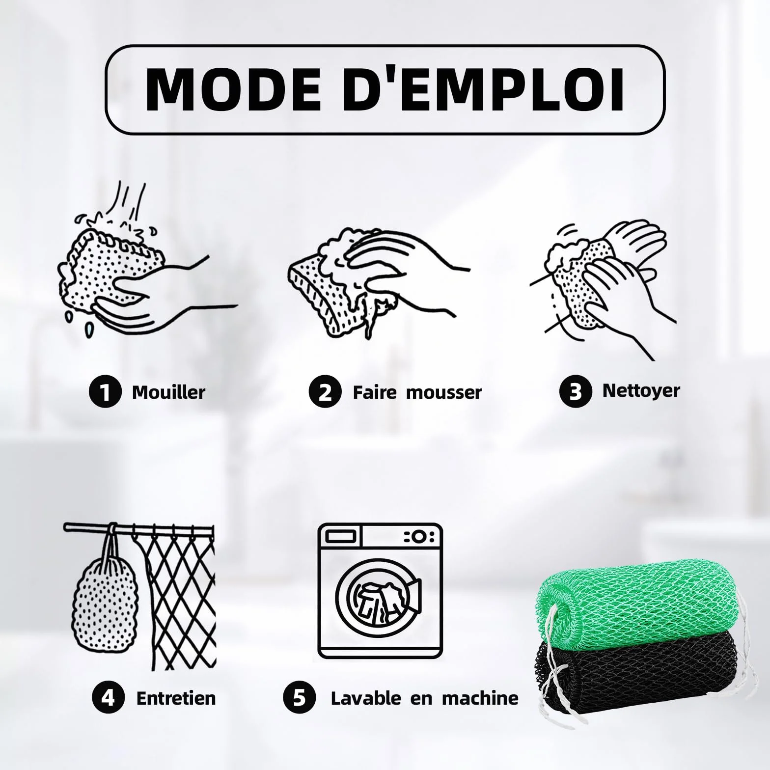 Cleangor Filet à Bain Africain Éponge Exfoliante Corps Douche Gant Soie Noir Vague Marine