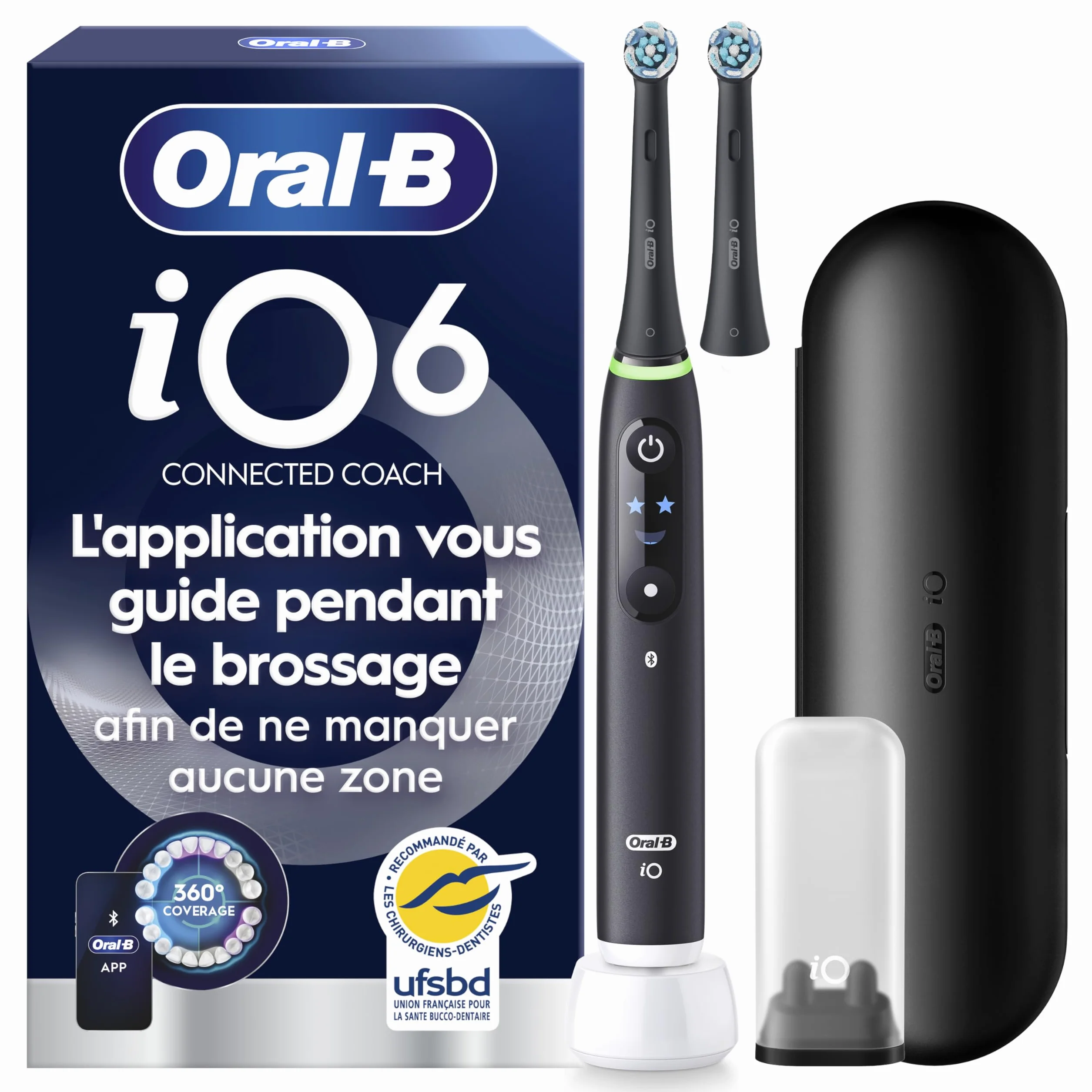 Oral-B Brosse à Dents Electrique iO 6, Noire, 5 Modes, Capteur de Pression, Batterie Rechargeable