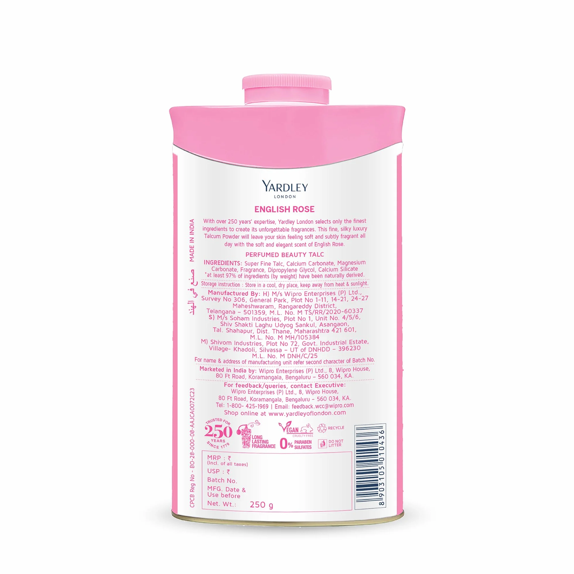 Yardley Talc parfumé rose anglaise 250 g