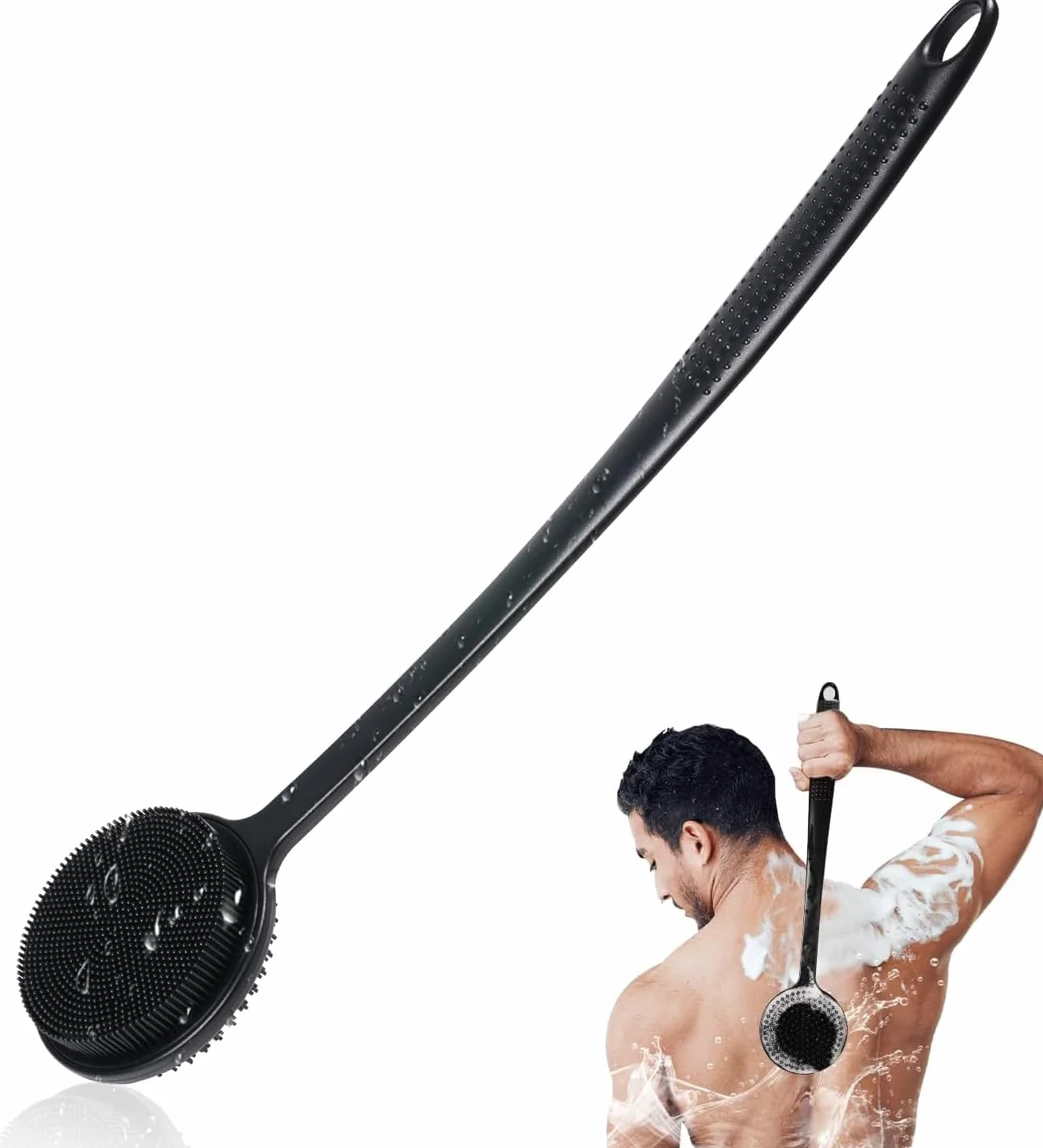 Brosse de douche en silicone double face long manche exfoliation massage homme