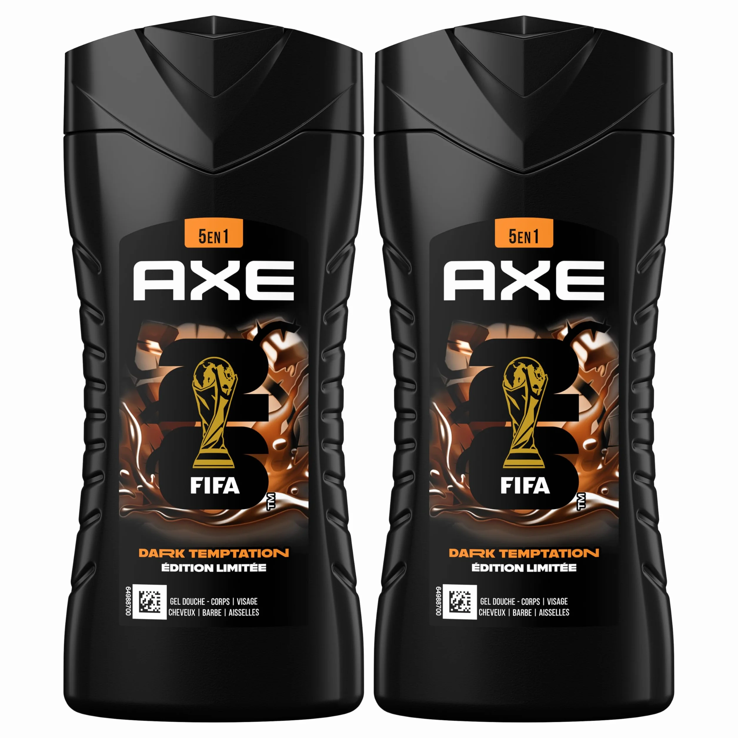 AXE Gel Douche Homme Dark Temptation 5en1 Édition FIFA™ 24h Hydratant 87% Ingrédients Naturels Parfum Chocolat Lot de 2x250ml