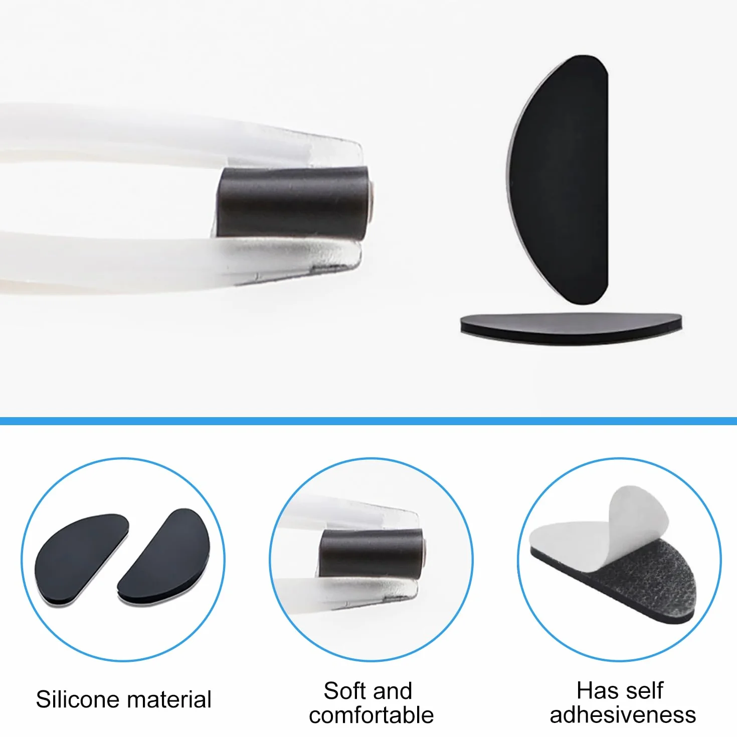 Coussinets Nasaux en Silicone Antidérapant pour Lunettes, Auto-Adhésifs, pour Lunettes de Soleil Spectacles (Transparent, Noir)