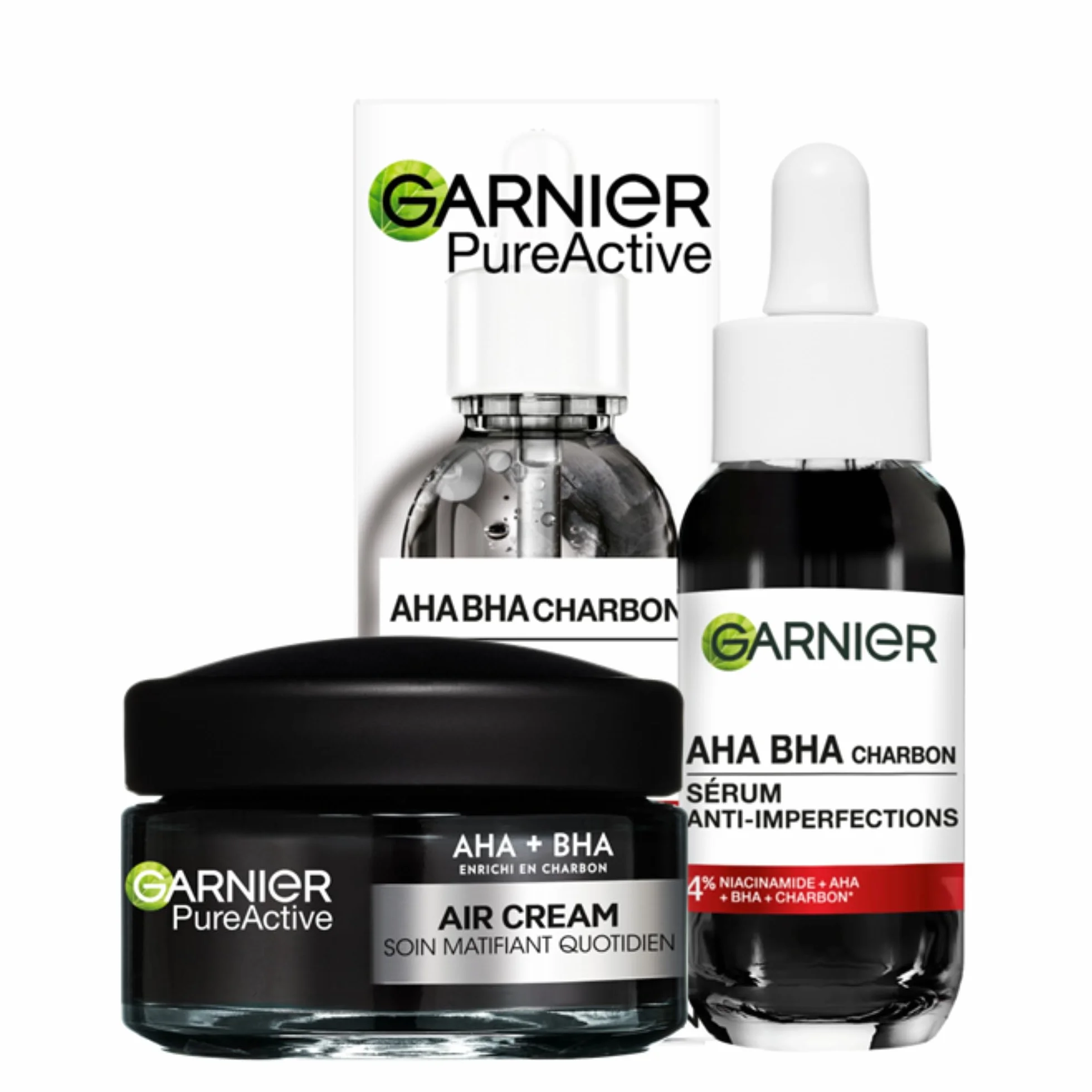 Garnier Air Cream AHA BHA Crème Visage Hydratante Matifiante au Charbon 50ml + Garnier PureActive Sérum Anti-Imperfections au Charbon Niacinamide AHA BHA Traitement Points Noirs 30ml