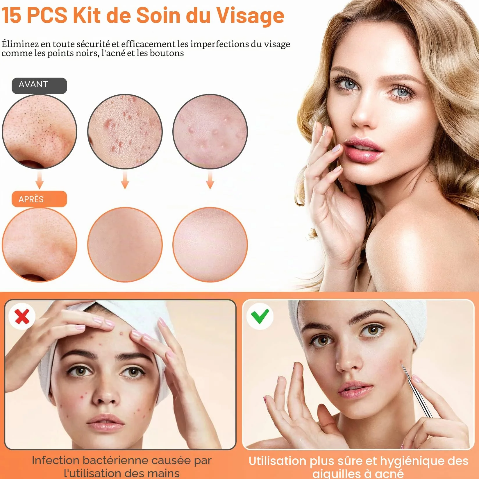 Extracteur Point Noir 15 Pièces Pince Professionnels Acier Inoxydable pour Enlever Boutons Acnés Visage - Blackhead Remover Outil Étui Métal Argent