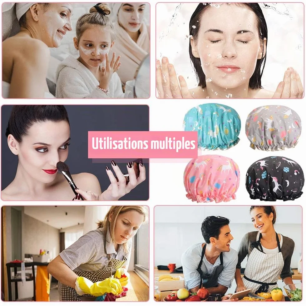 Bonnet de Douche Imperméable 4 Pièces Réutilisables Licorne, Accessoire Cheveux pour Femmes Filles Spa Salon