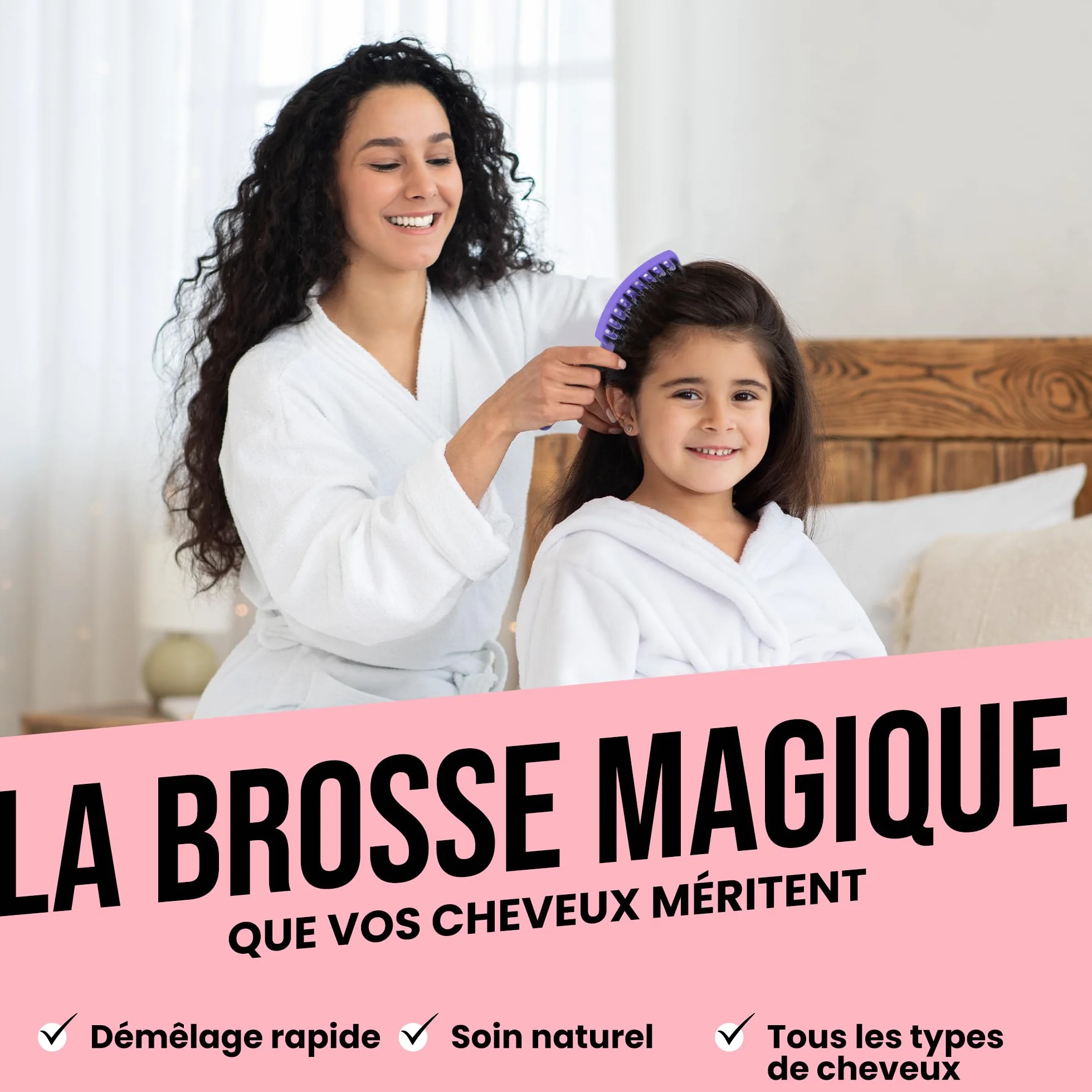 Brosse à Cheveux Magique Démêlante Instantanée Poils de Sanglier & Nylon Anti-Casse Anti-Statique Cheveux Bouclés Lisses Épais Fins