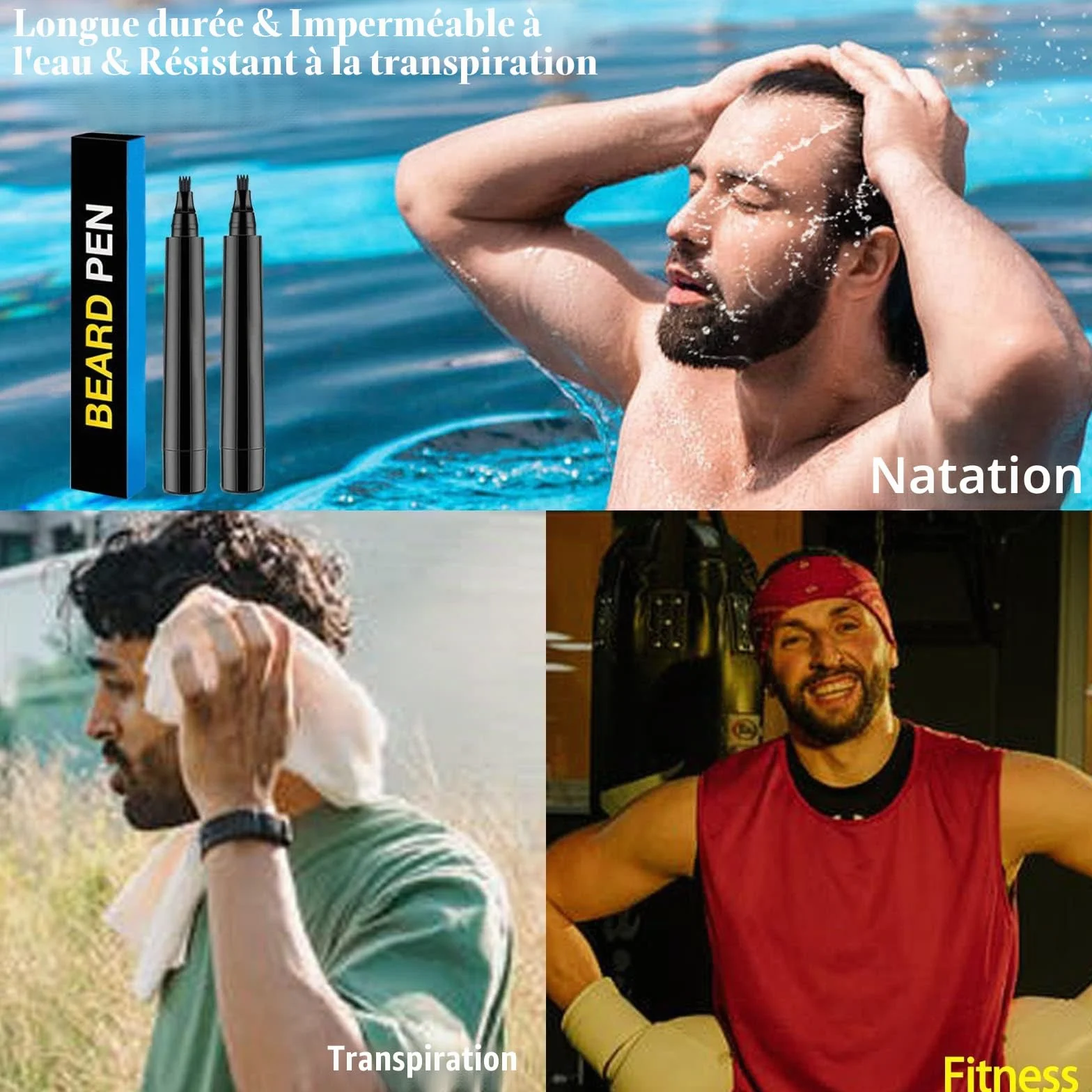 Lot de 2 stylos à barbe noirs naturels, imperméables, longue durée pour barbe et sourcils
