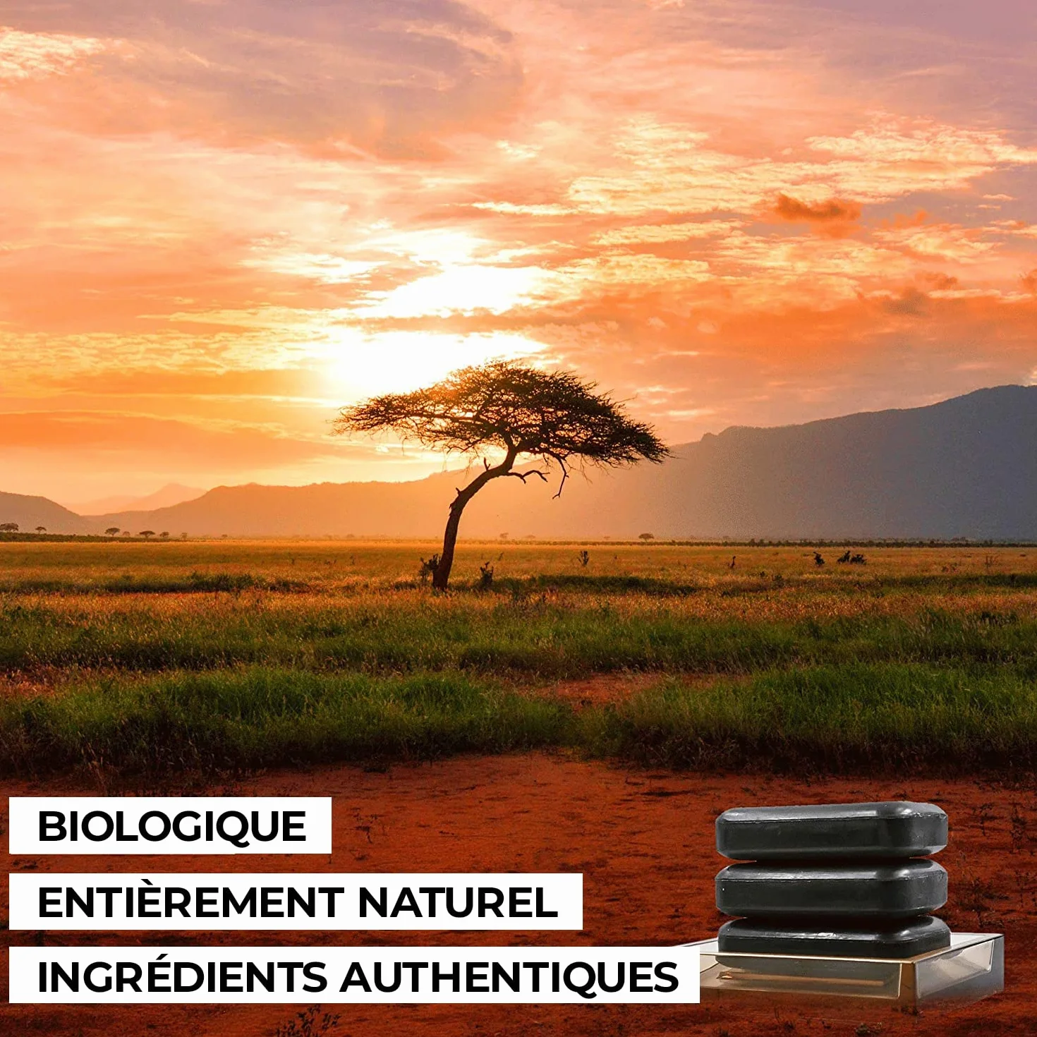 O NATURALS Savon noir africain biologique en pain, 3 pièces - Riche en beurre de karité africain - Gel douche et nettoyant visage naturel