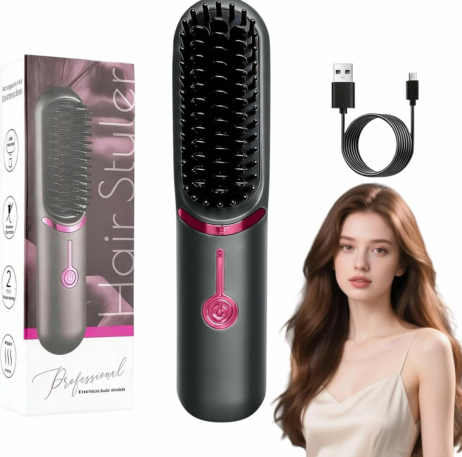 Brosse Lissante pour Cheveux, Lisseur Cheveux Céramique, (Gris) | Portable Sans Fil PTC Chauffage Lisseur, 3 RéGlages De TempéRature, Céramique Anti-BrûLure, pour Voyage & Powerbank