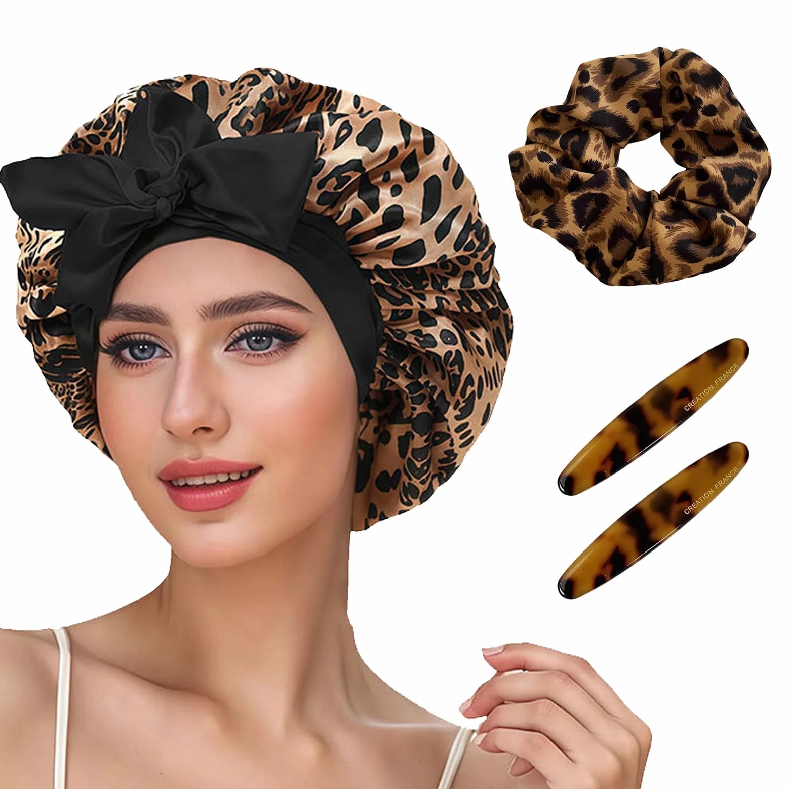Bonnet Satin Cheveux Nuit, Imprimé Léopard Bonnet en Satin, Ajustable Bonnets en satin avec Long Elastique pour Cheveux Charlotte Locks Bouclés, avec Elastique Cheveux Barettes Cheveux Femme