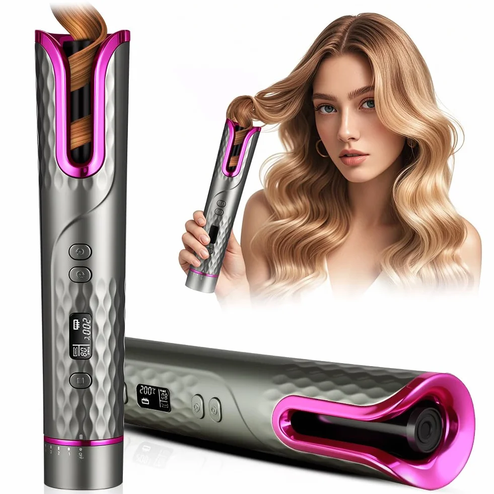 Flintronic Fer a Boucler Cheveux Automatique, Boucleur a Cheveux Sans Fil, Boucleur Céramique USB Rechargeable, avec 6 Réglages de Température & Minuteur, Anti-brûlure, pour Cheveux Longs/Courts