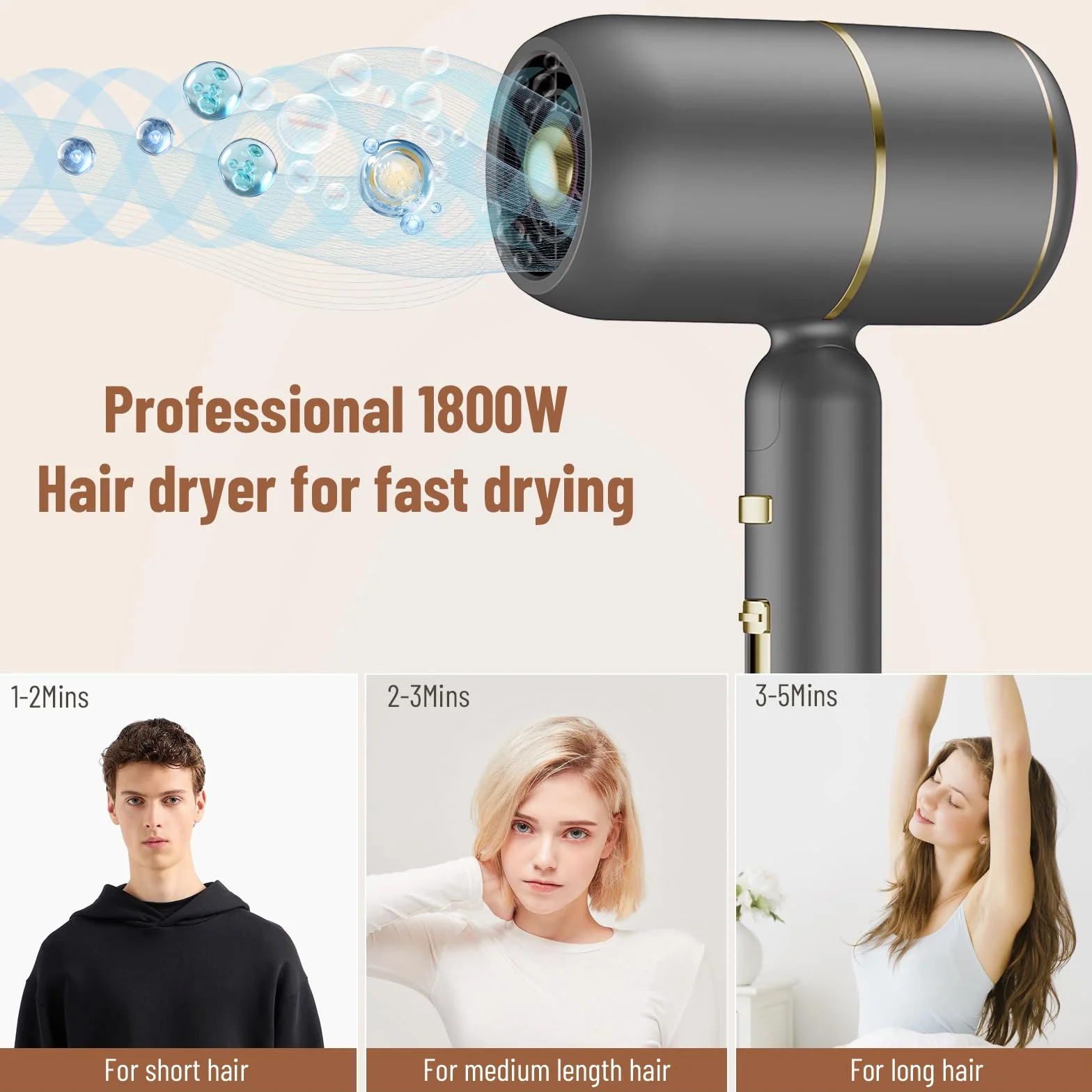 Sèche-Cheveux Pliable Moteur AC 2400W Ionique Anti-Frisottis | 3 Temp. + 2 Vit. + Air Froid | Diffuseur & Concentrateur | Silencieux Double Voltage
