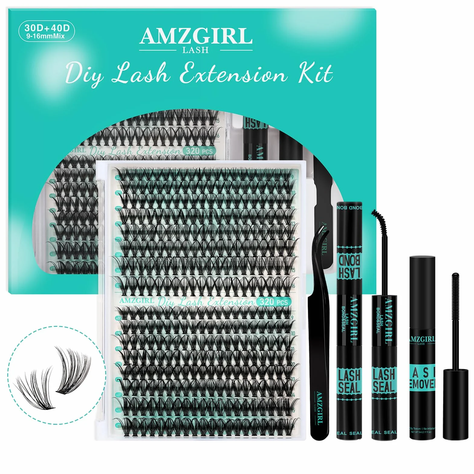 Lashes 3040D Lot de 320 extensions de cils avec colle et scellement pour retirer les cils, pince à épiler (kit 3040D, 9-16MIX)